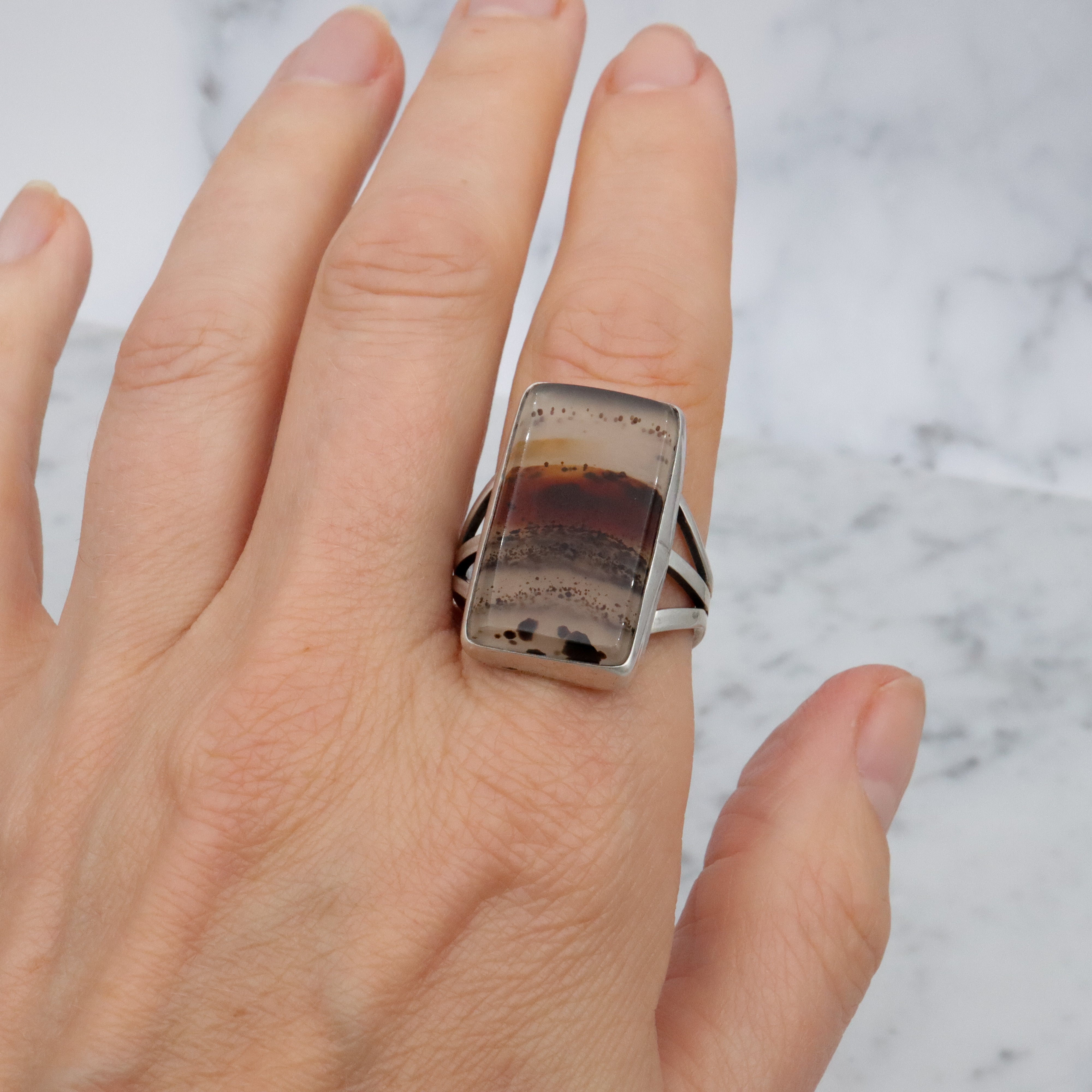 Vintage Navajo banded agate chunky sterling ring, size 11