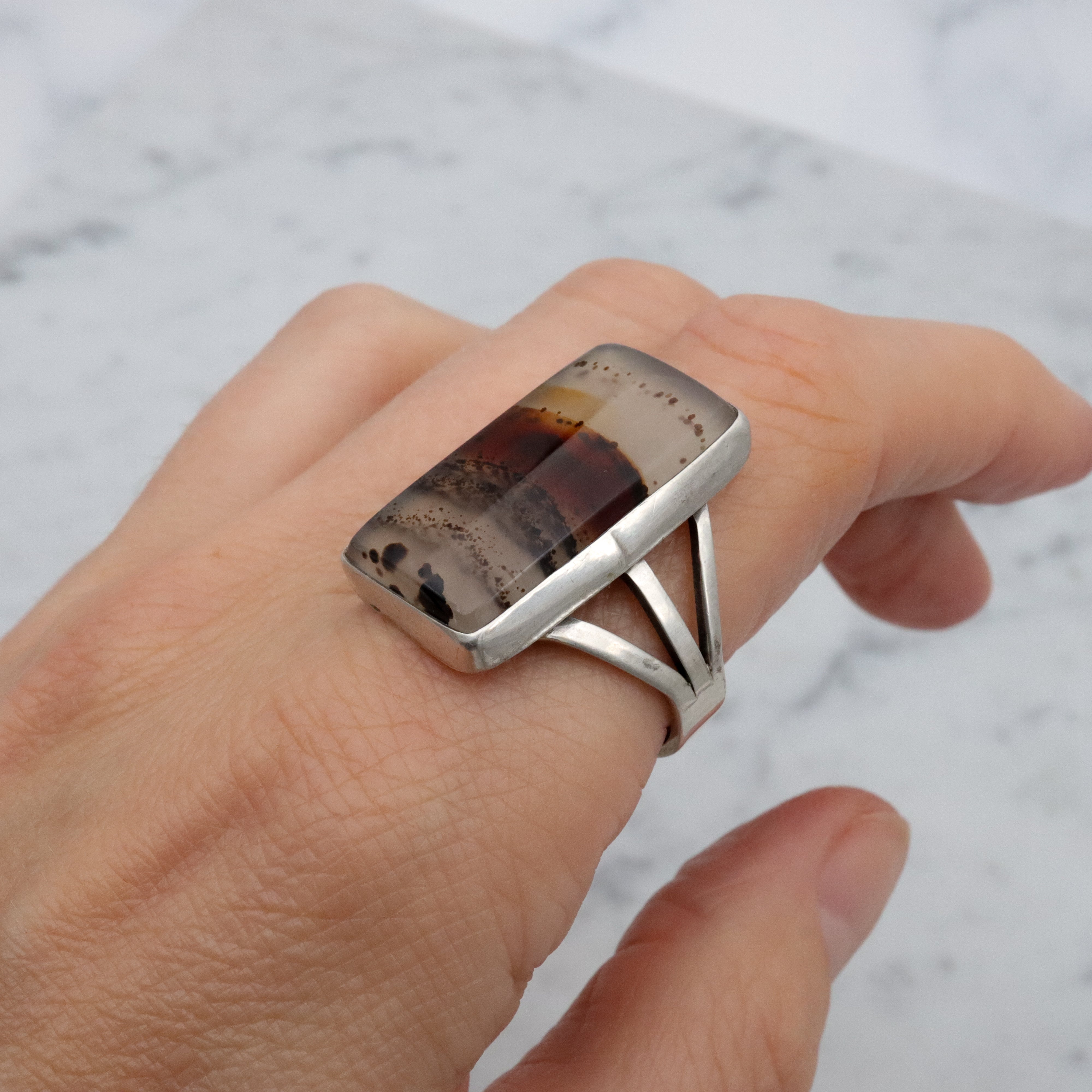 Vintage Navajo banded agate chunky sterling ring, size 11