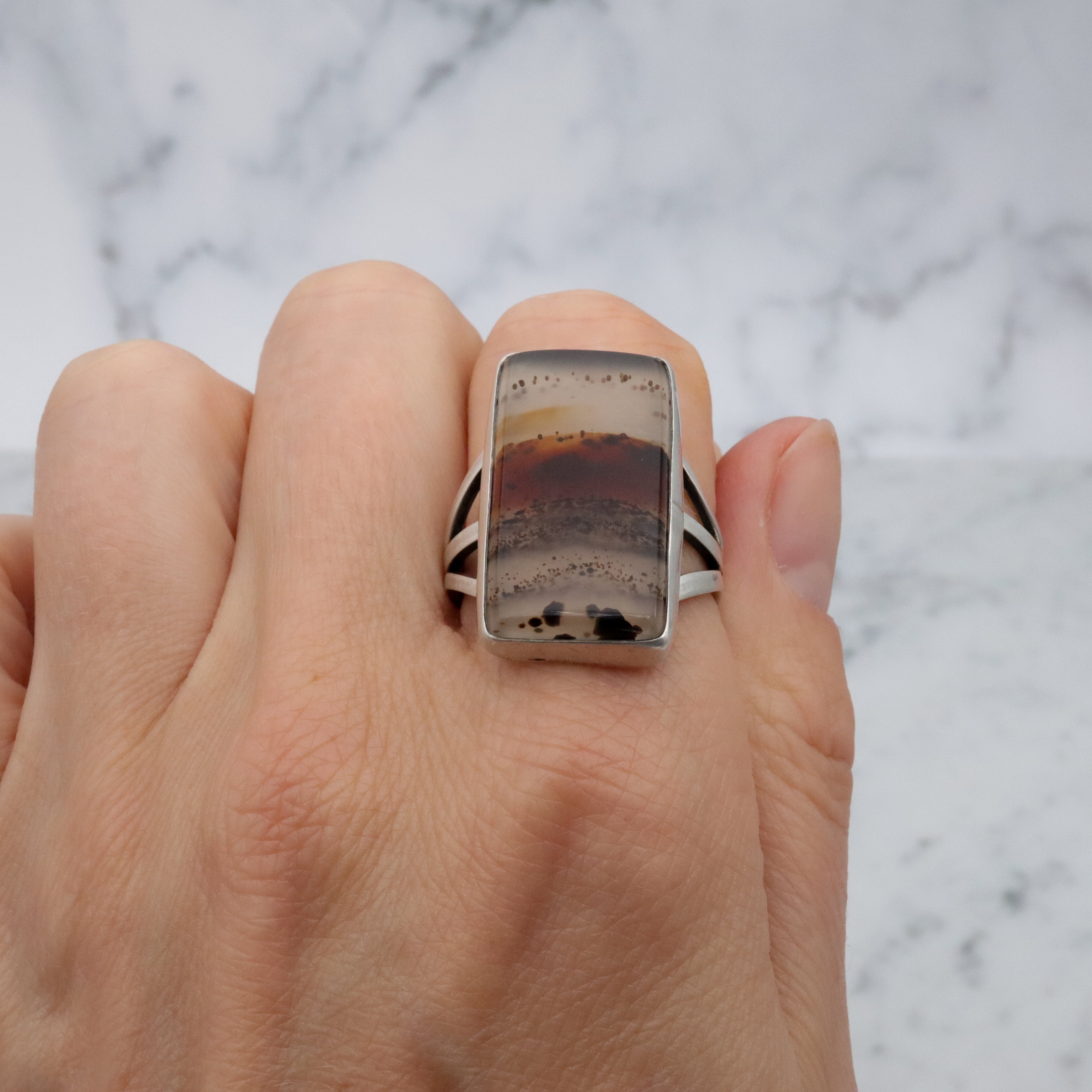 Vintage Navajo banded agate chunky sterling ring, size 11