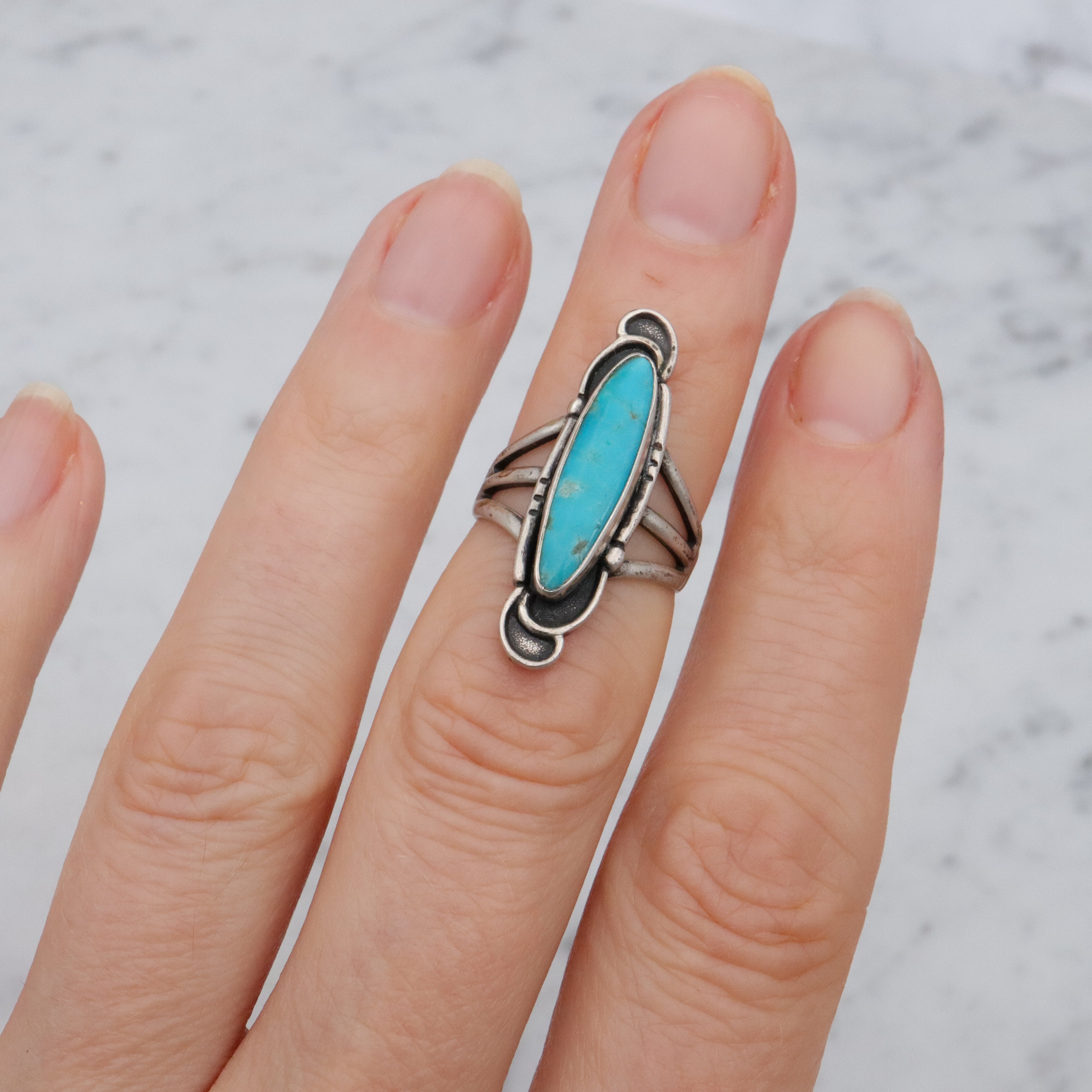 Vintage Navajo turquoise sterling navette ring, size 5