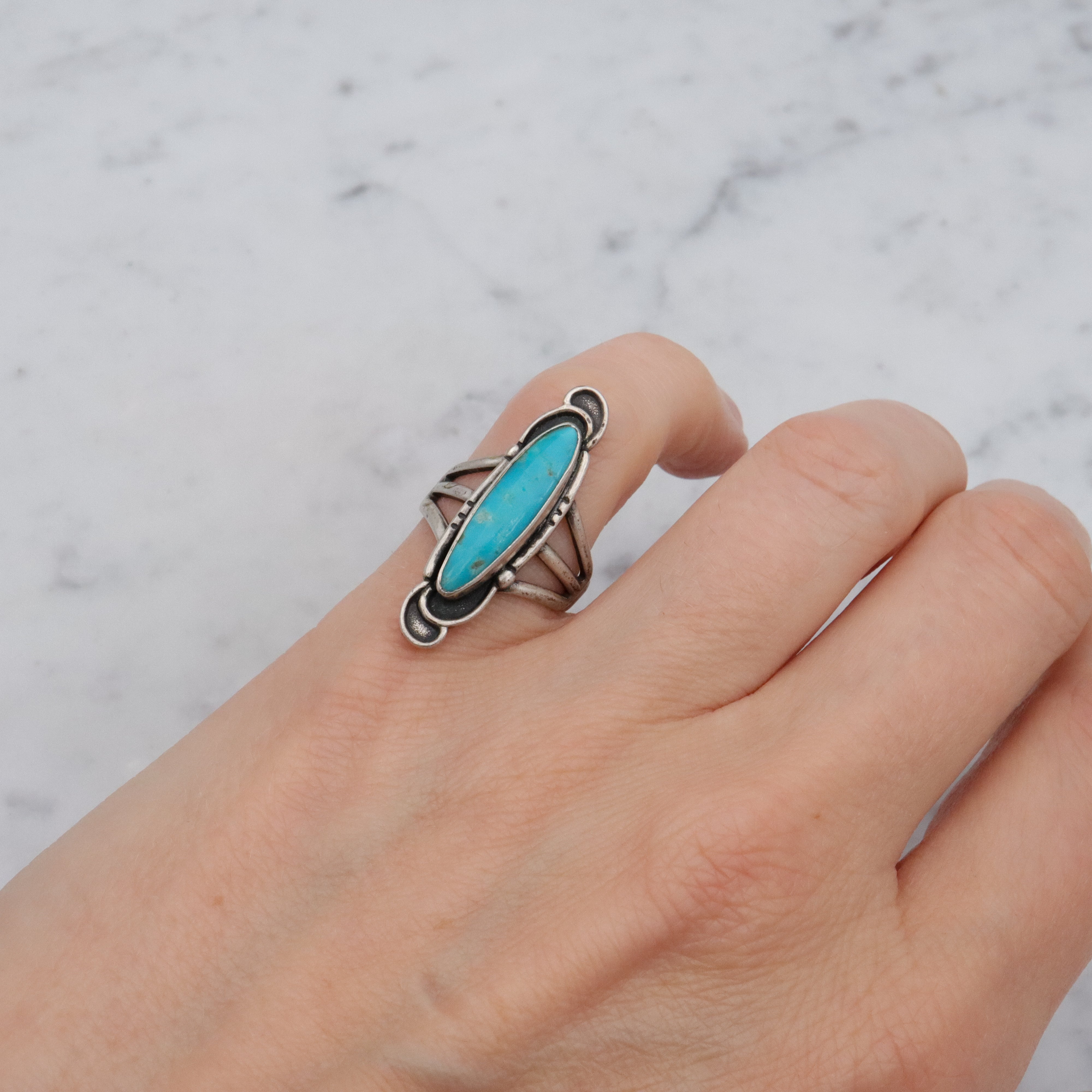 Vintage Navajo turquoise sterling navette ring, size 5