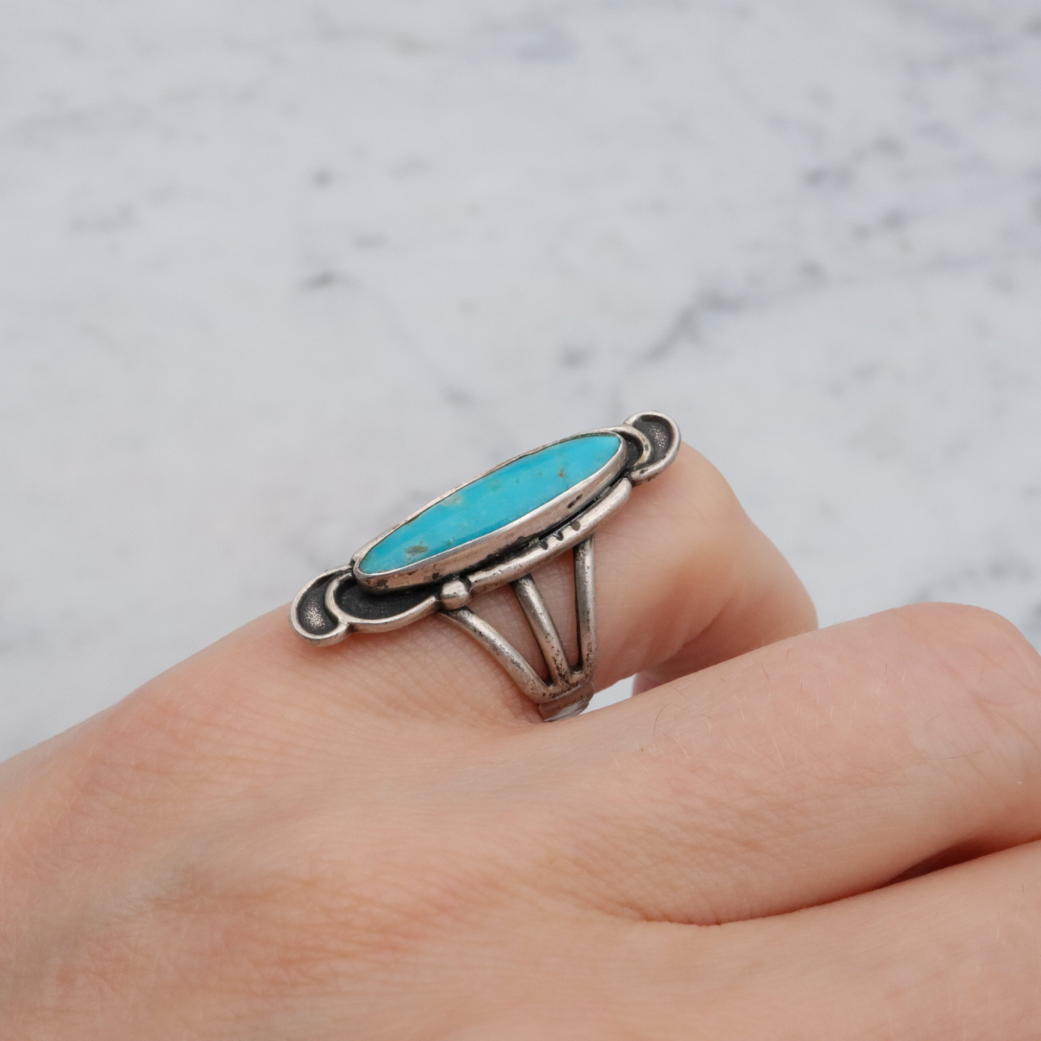 Vintage Navajo turquoise sterling navette ring, size 5
