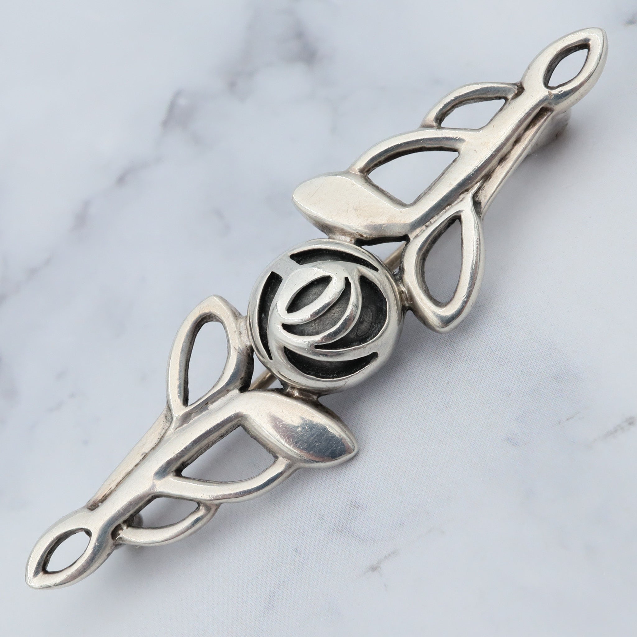 Vintage sterling Celtic rose bar brooch