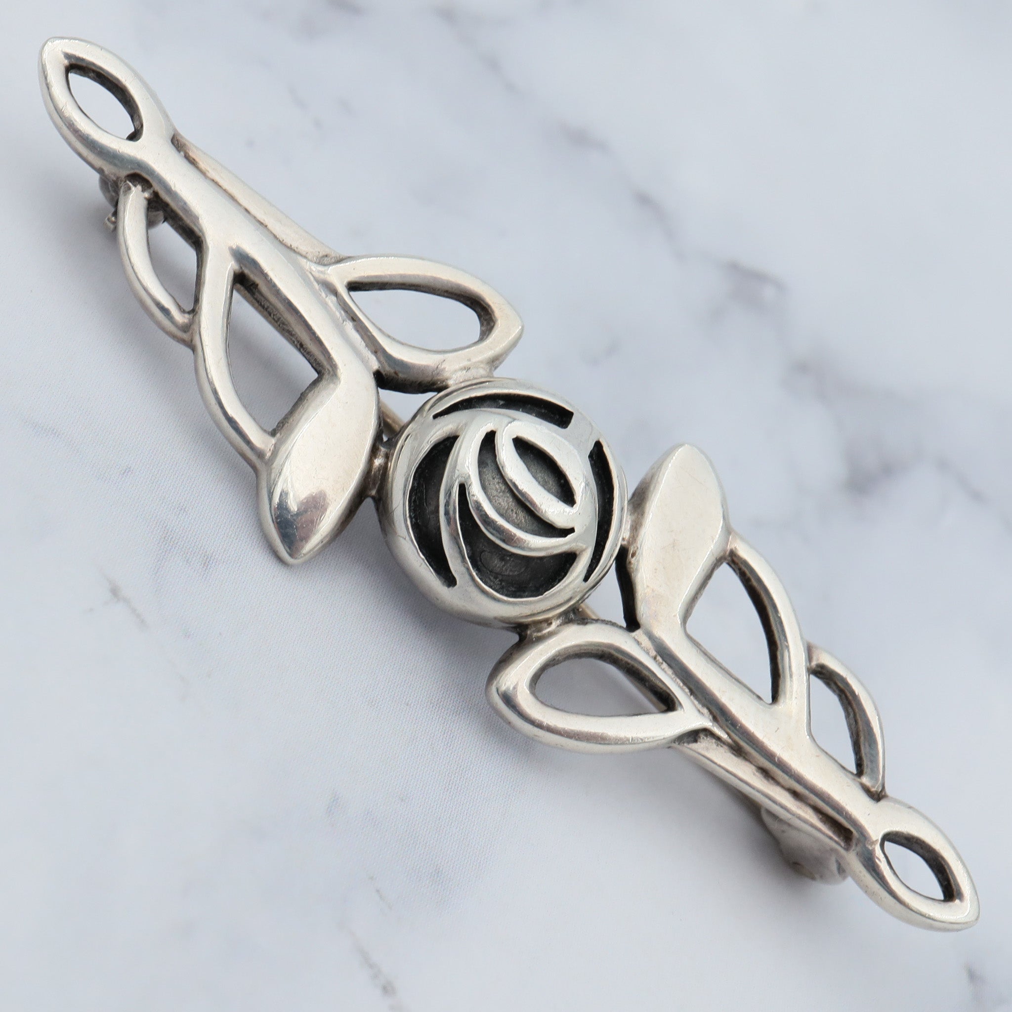 Vintage sterling Celtic rose bar brooch