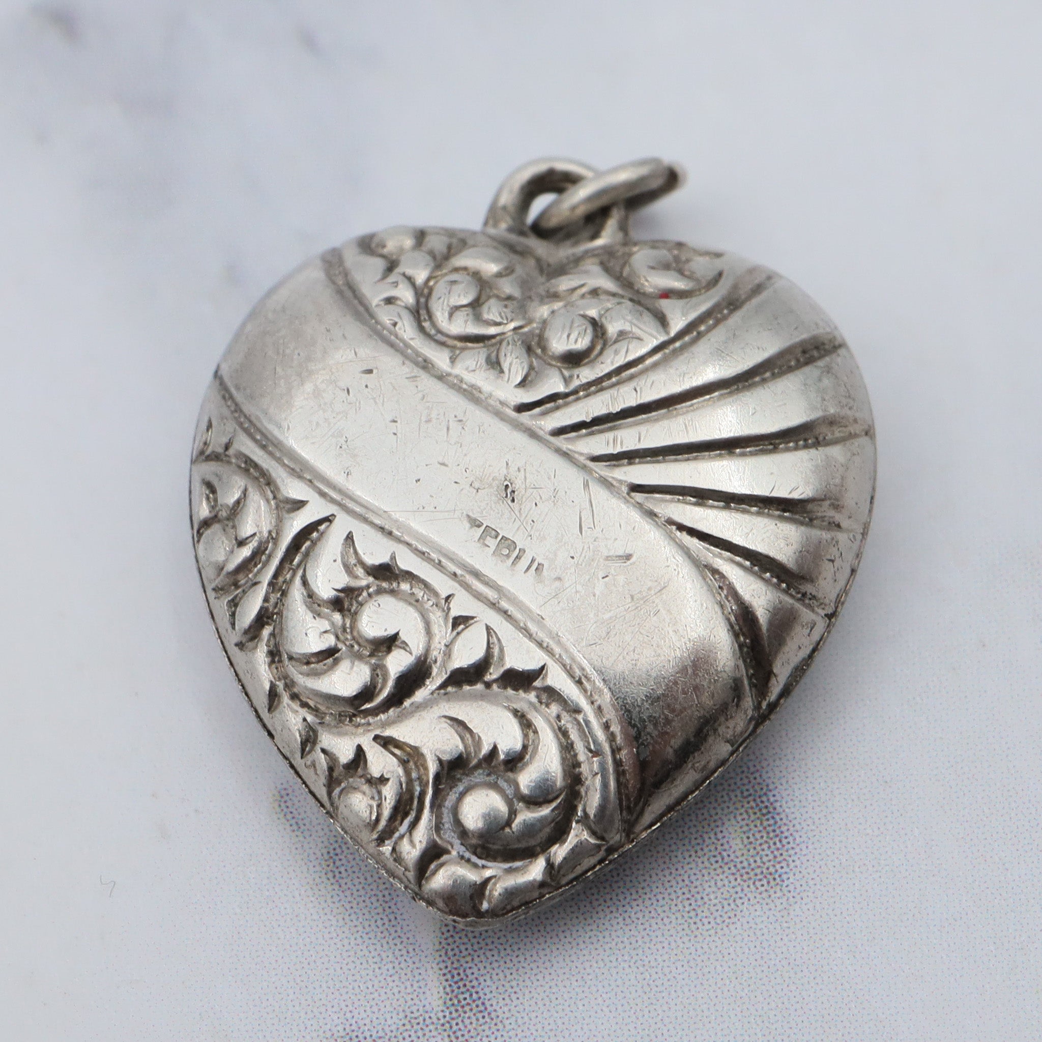 Antique Victorian sterling engraved puffy heart charm