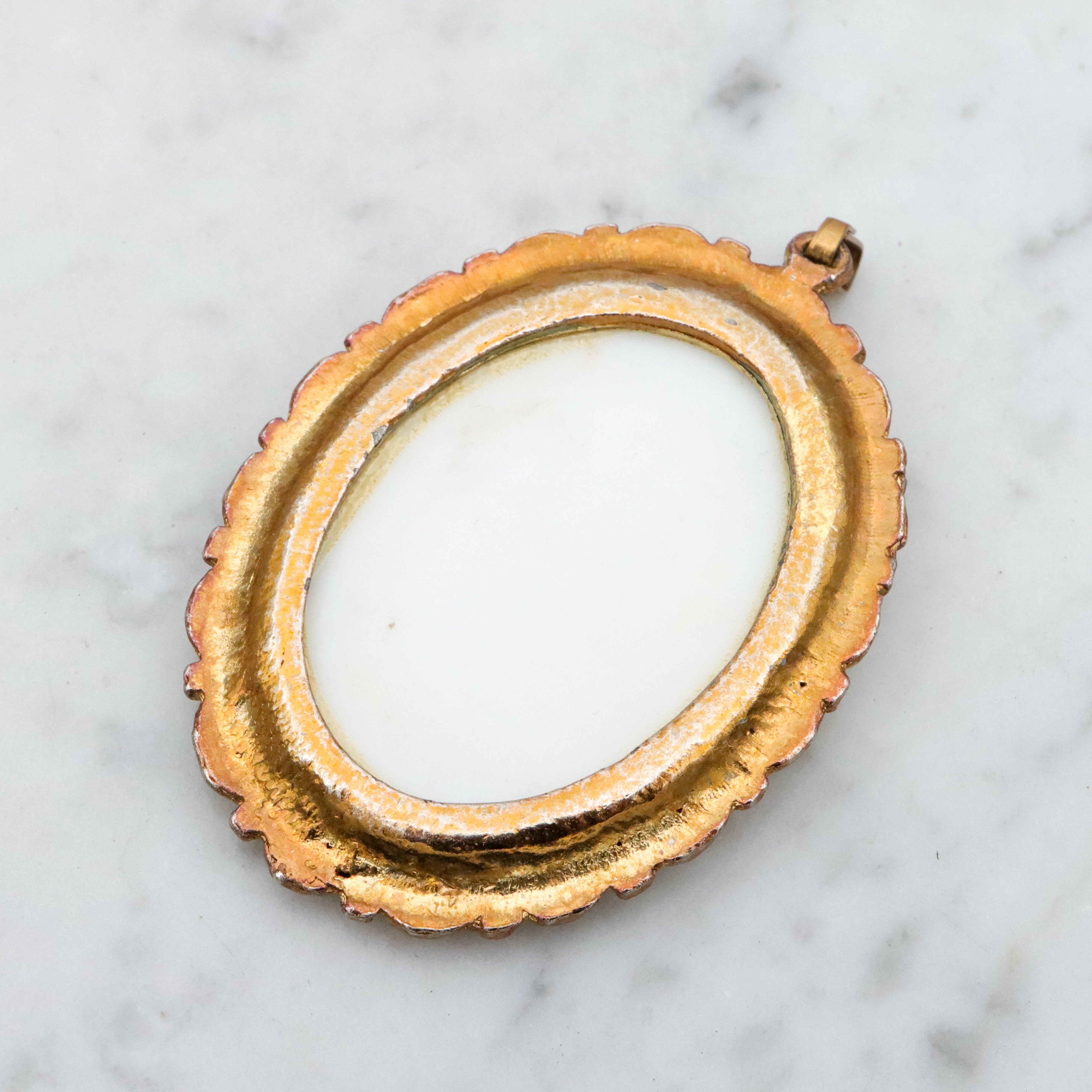 Mid Century gold tone & green glass Egyptian Revival plaque pendant
