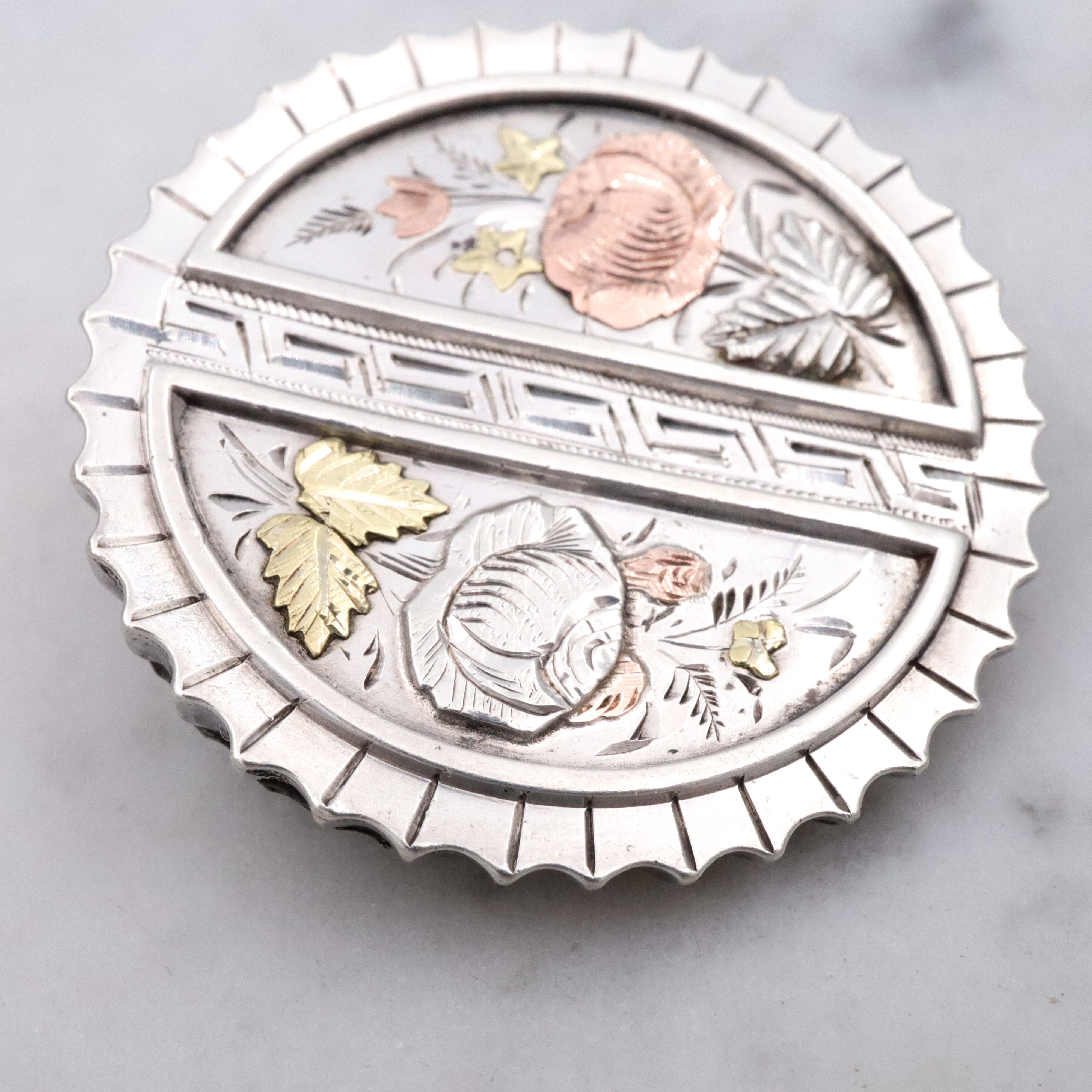 Antique Aesthetic Movement mixed metals sterling floral brooch