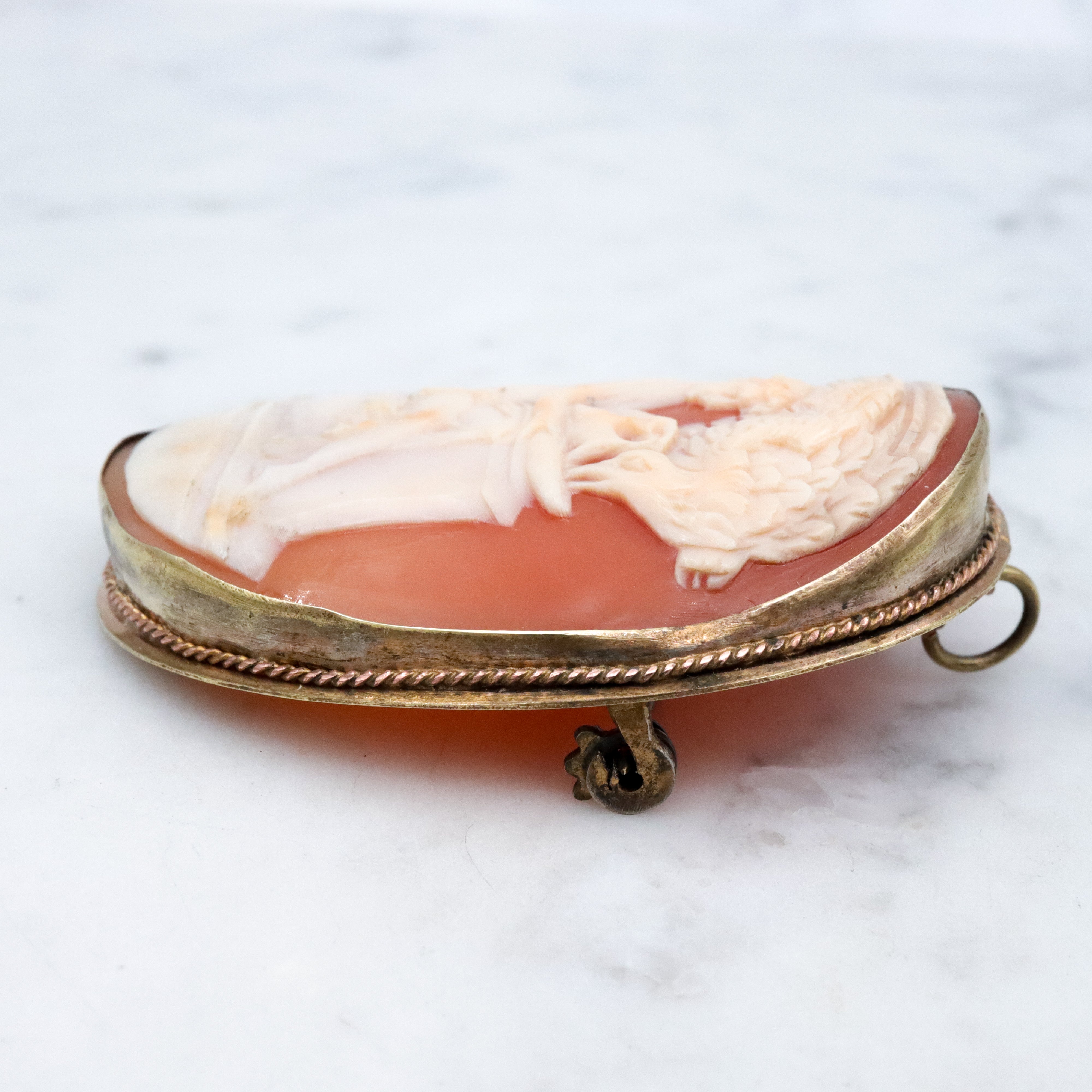 Victorian Hebe goddess shell cameo brooch/pendant combo