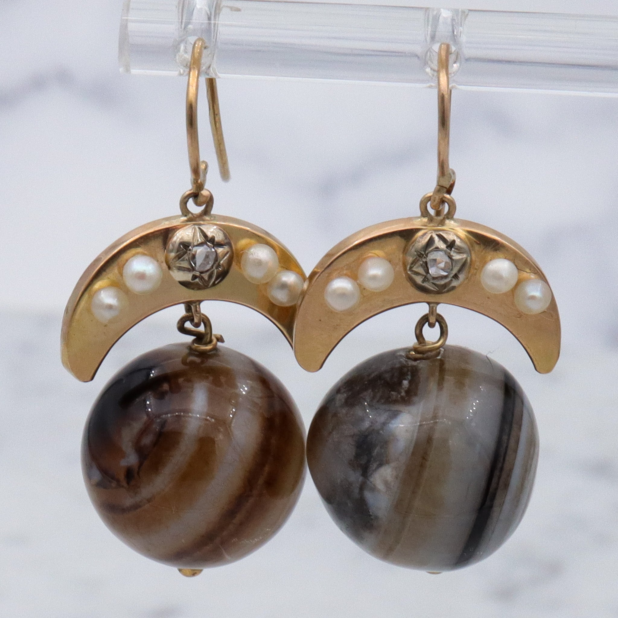 Antique Victorian 14k gold Scottish banded agate orb & rose cut diamond earrings