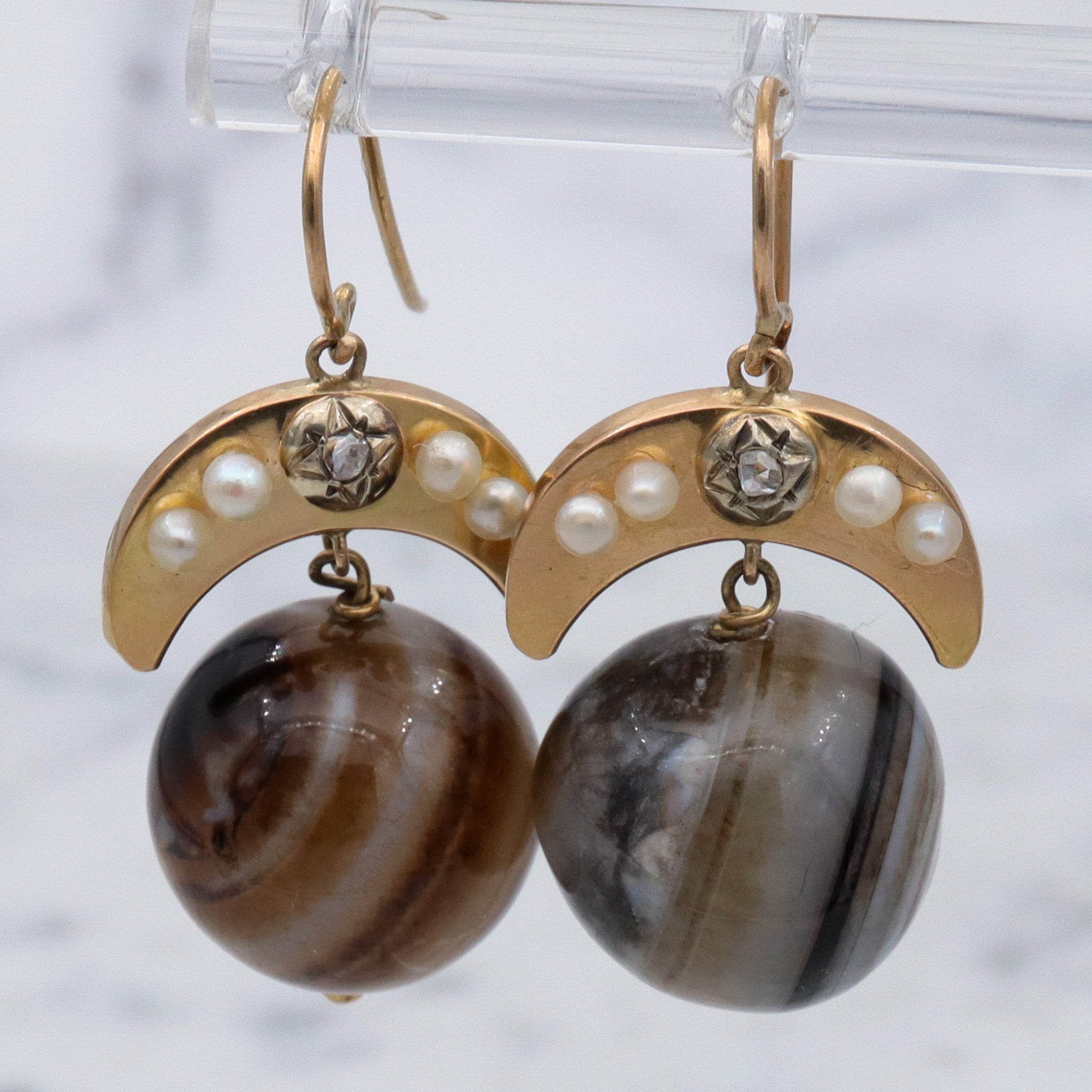 Antique Victorian 14k gold Scottish banded agate orb & rose cut diamond earrings