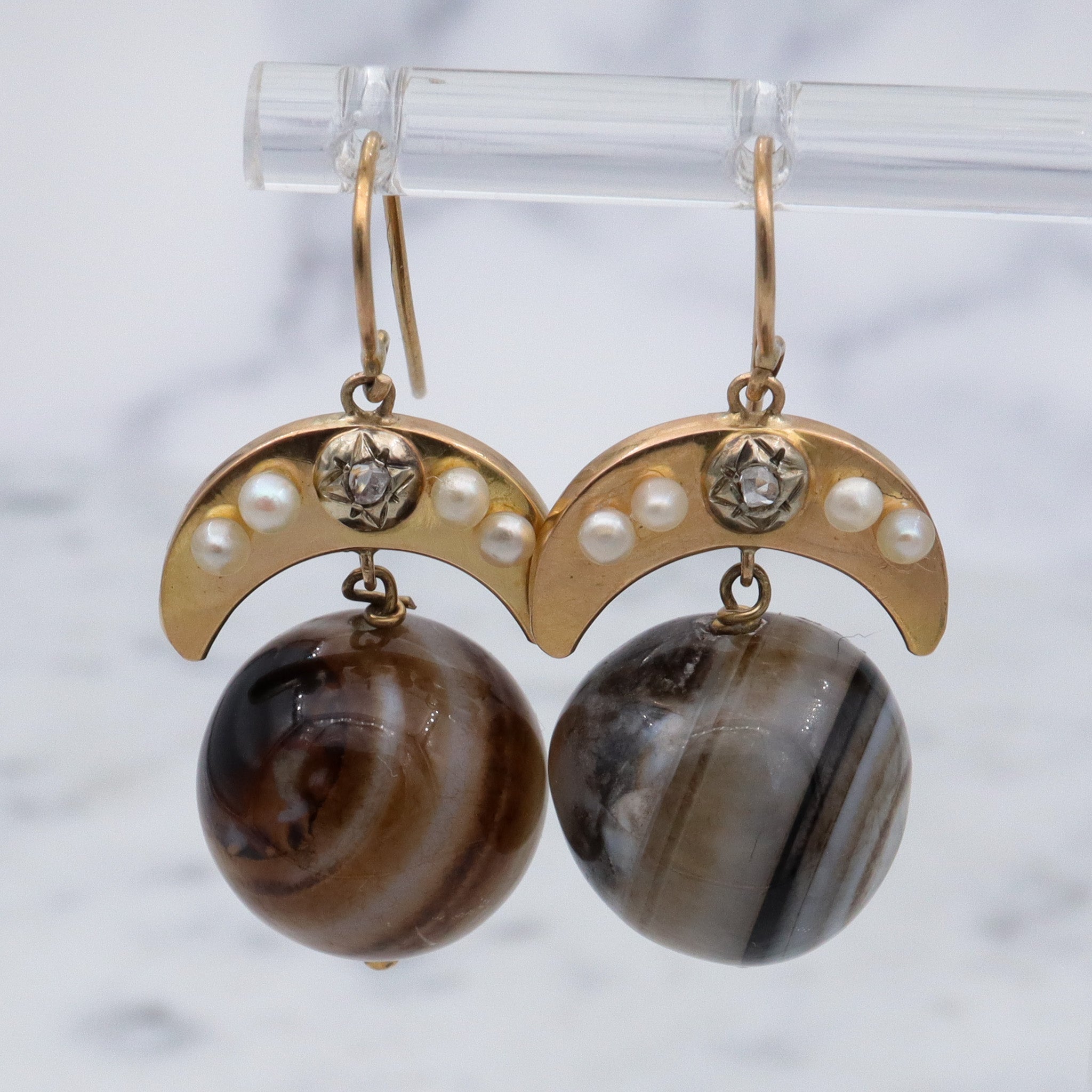 Antique Victorian 14k gold Scottish banded agate orb & rose cut diamond earrings
