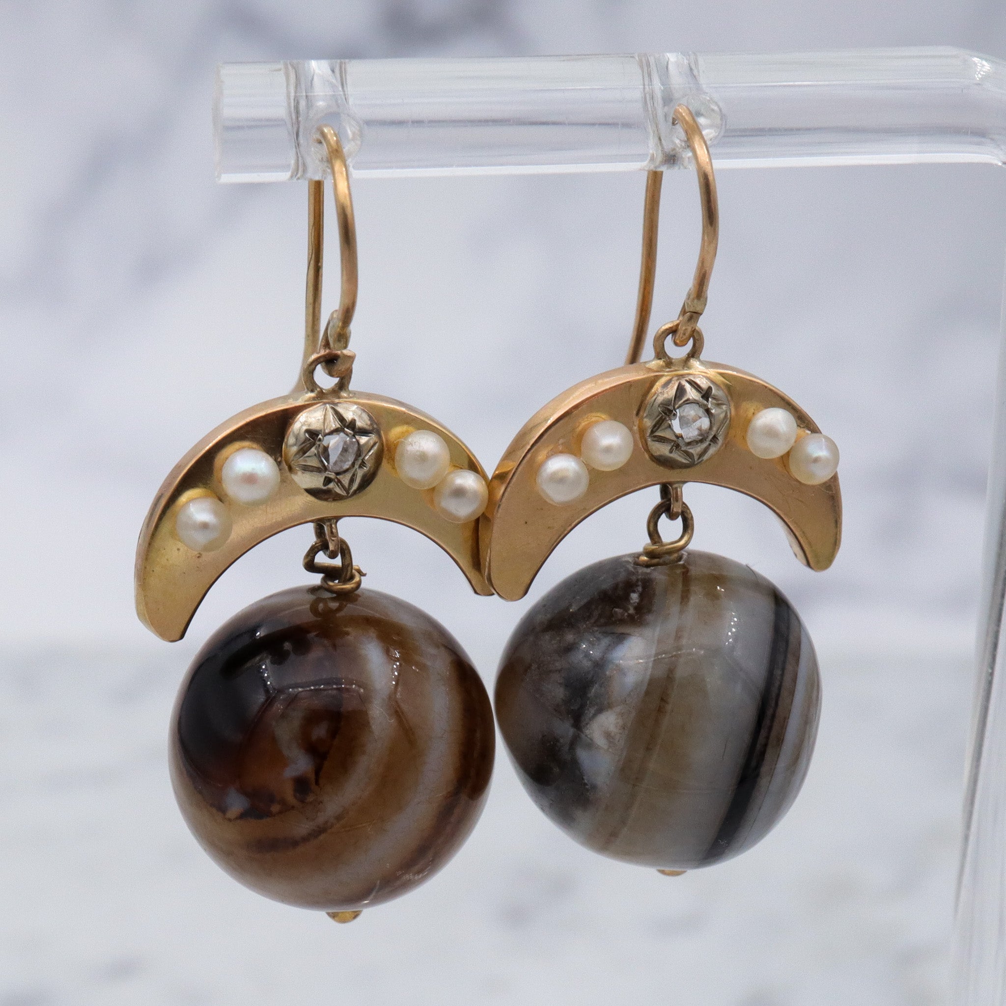 Antique Victorian 14k gold Scottish banded agate orb & rose cut diamond earrings