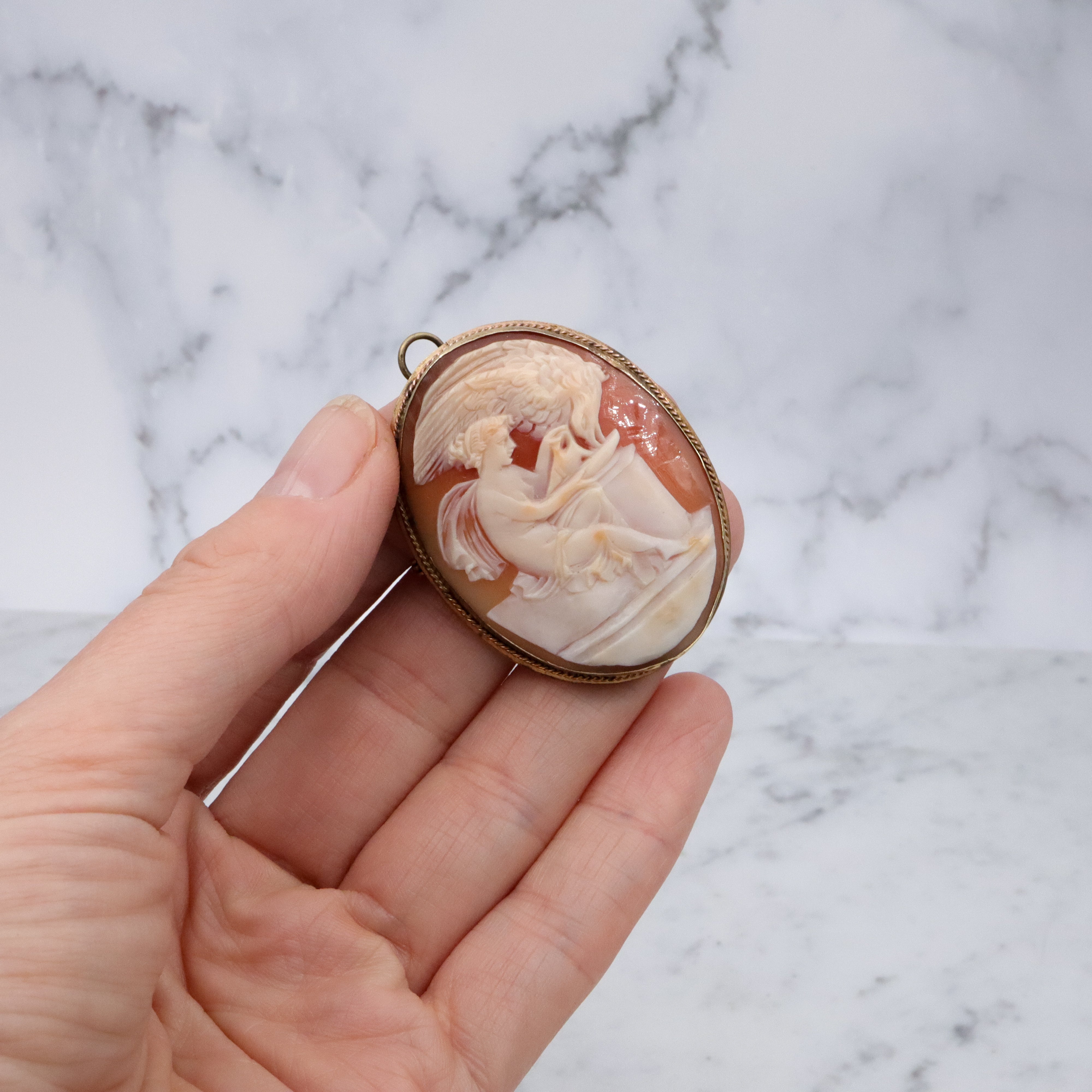 Victorian Hebe goddess shell cameo brooch/pendant combo