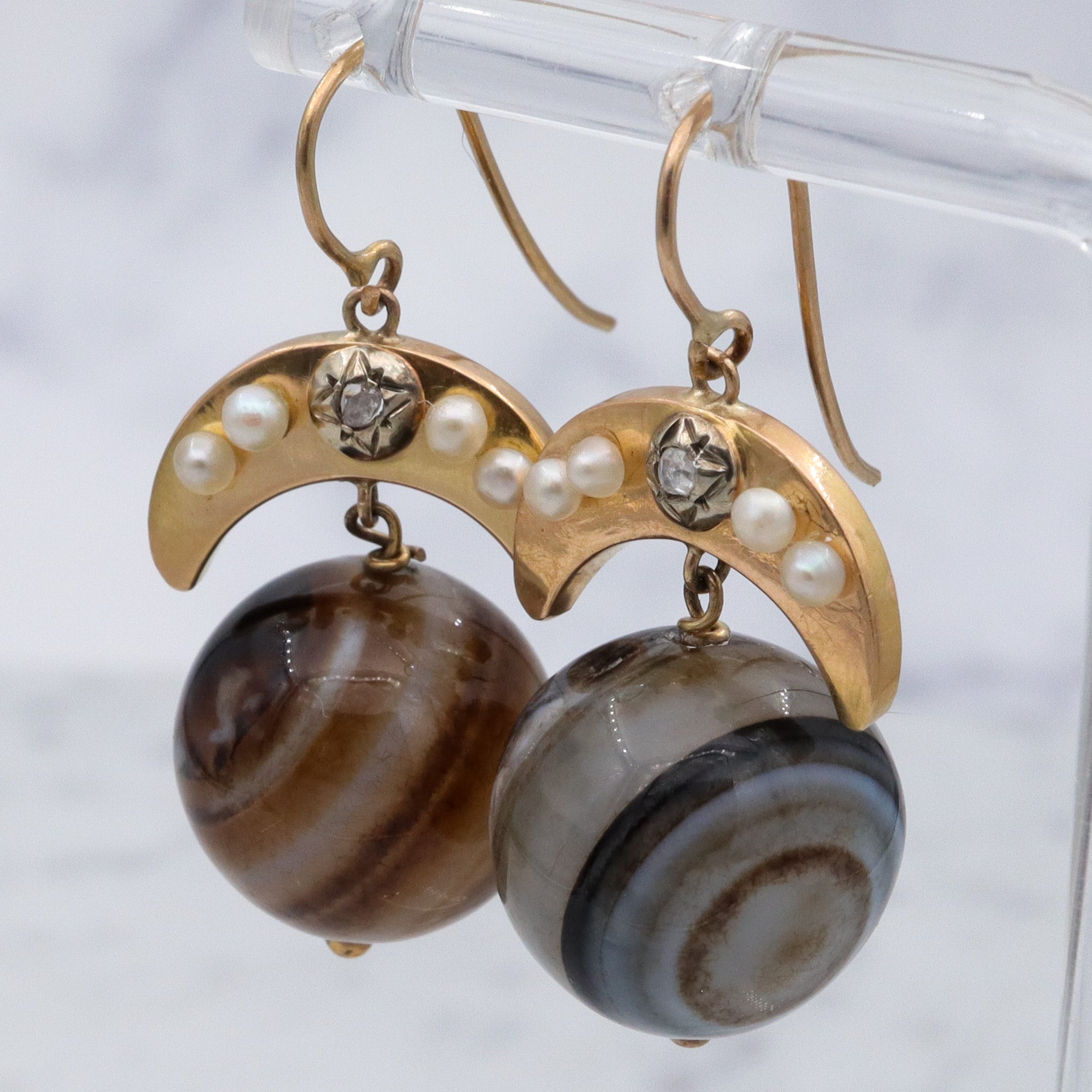 Antique Victorian 14k gold Scottish banded agate orb & rose cut diamond earrings