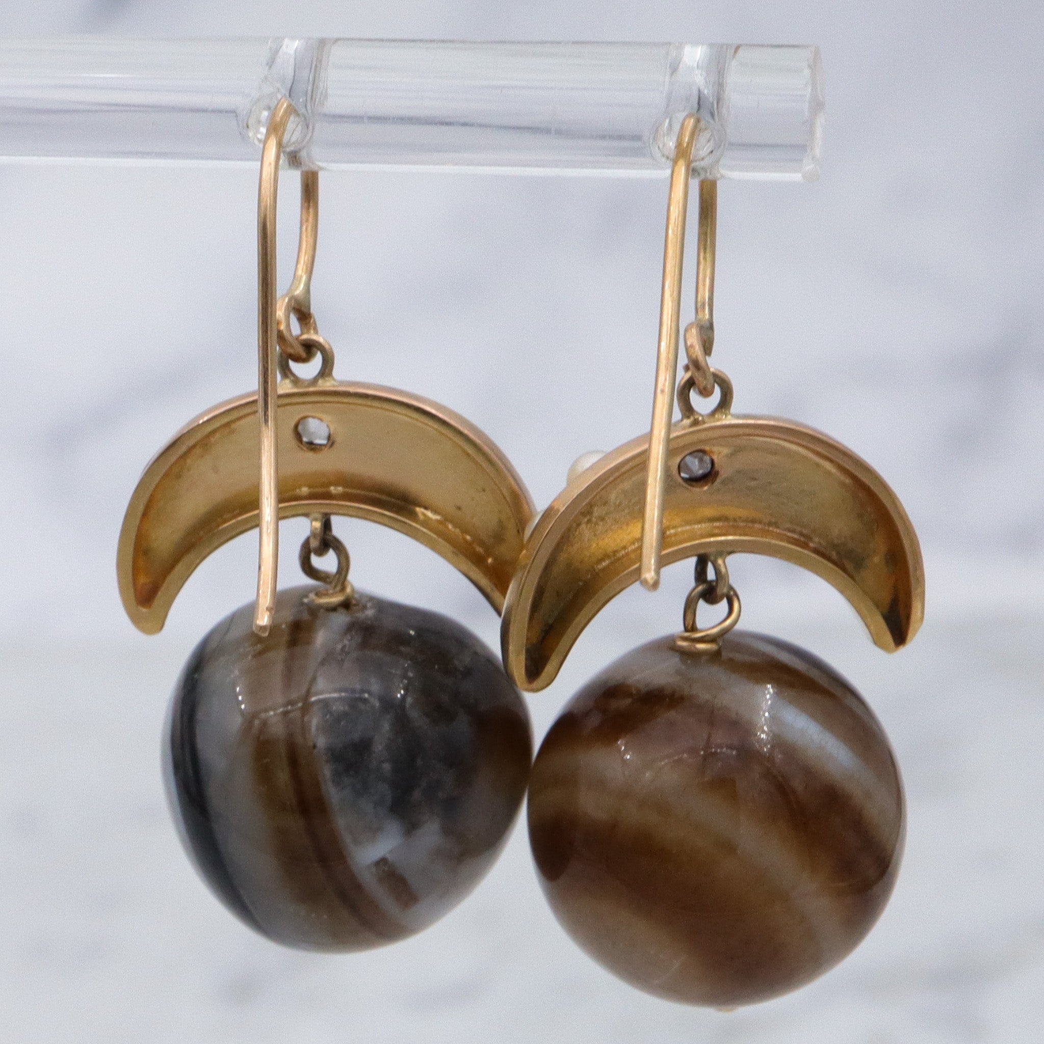 Antique Victorian 14k gold Scottish banded agate orb & rose cut diamond earrings