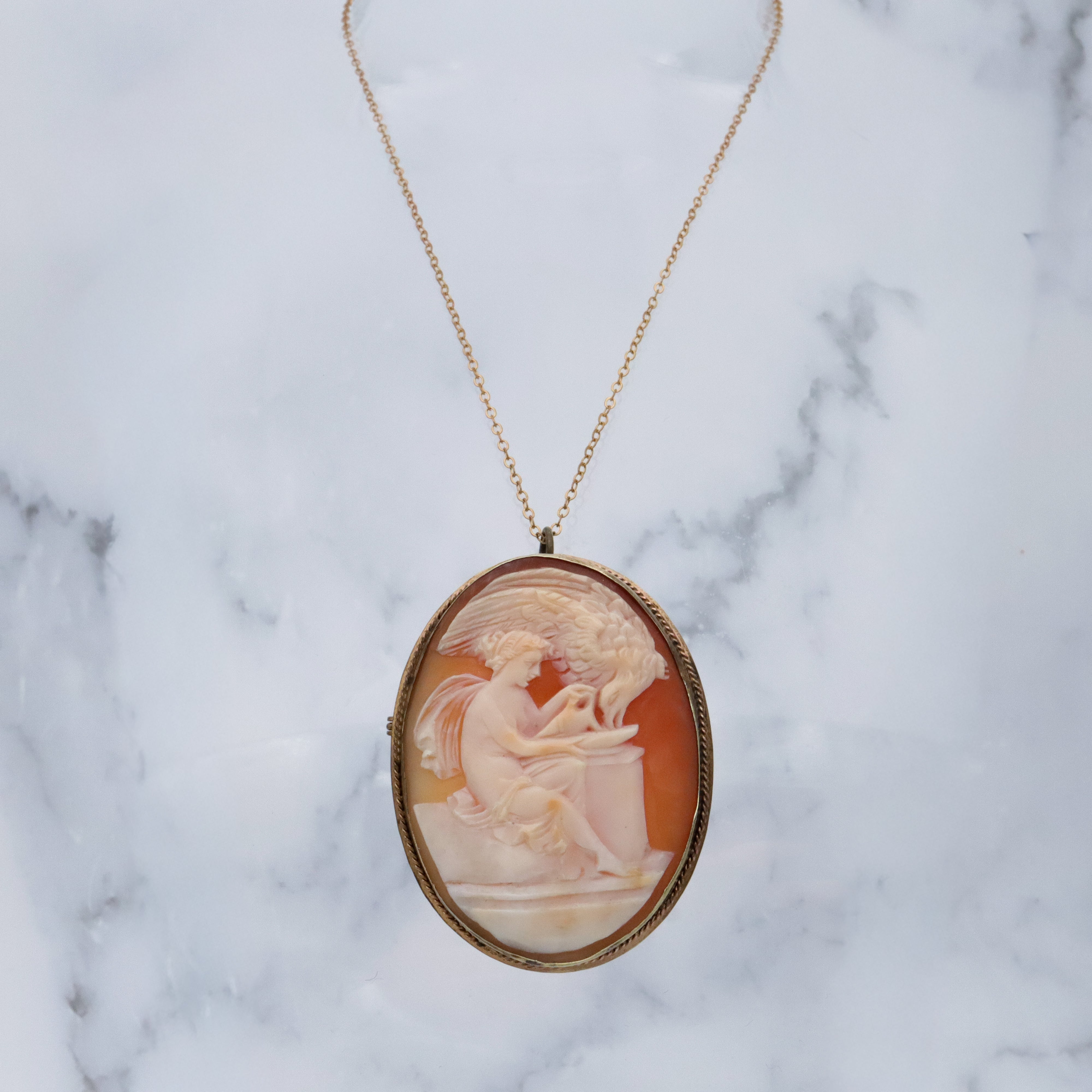 Victorian Hebe goddess shell cameo brooch/pendant combo