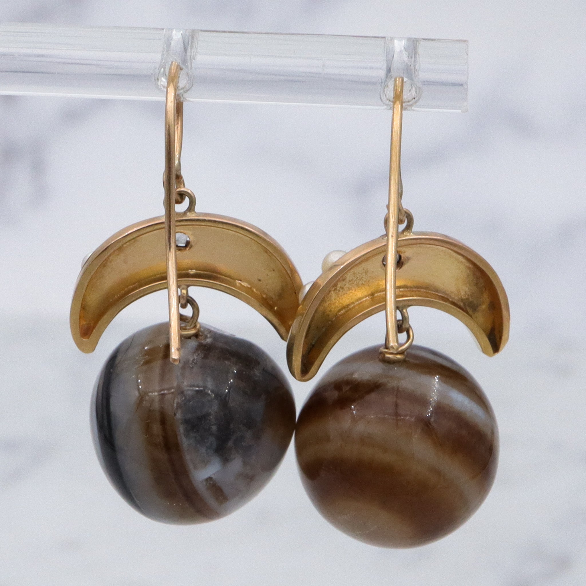 Antique Victorian 14k gold Scottish banded agate orb & rose cut diamond earrings