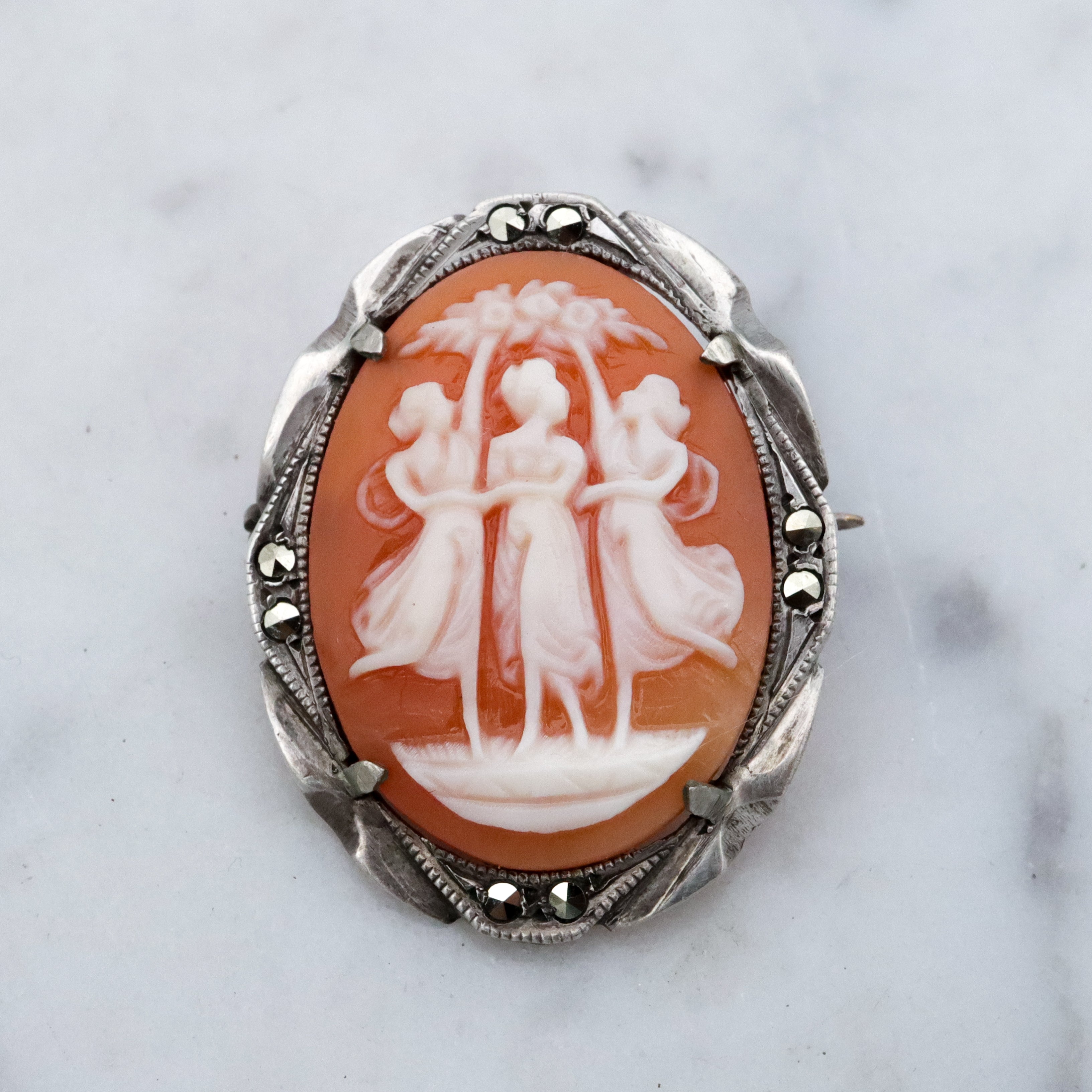 Art Deco silver & marcasite Three Graces cameo brooch/pendant combo