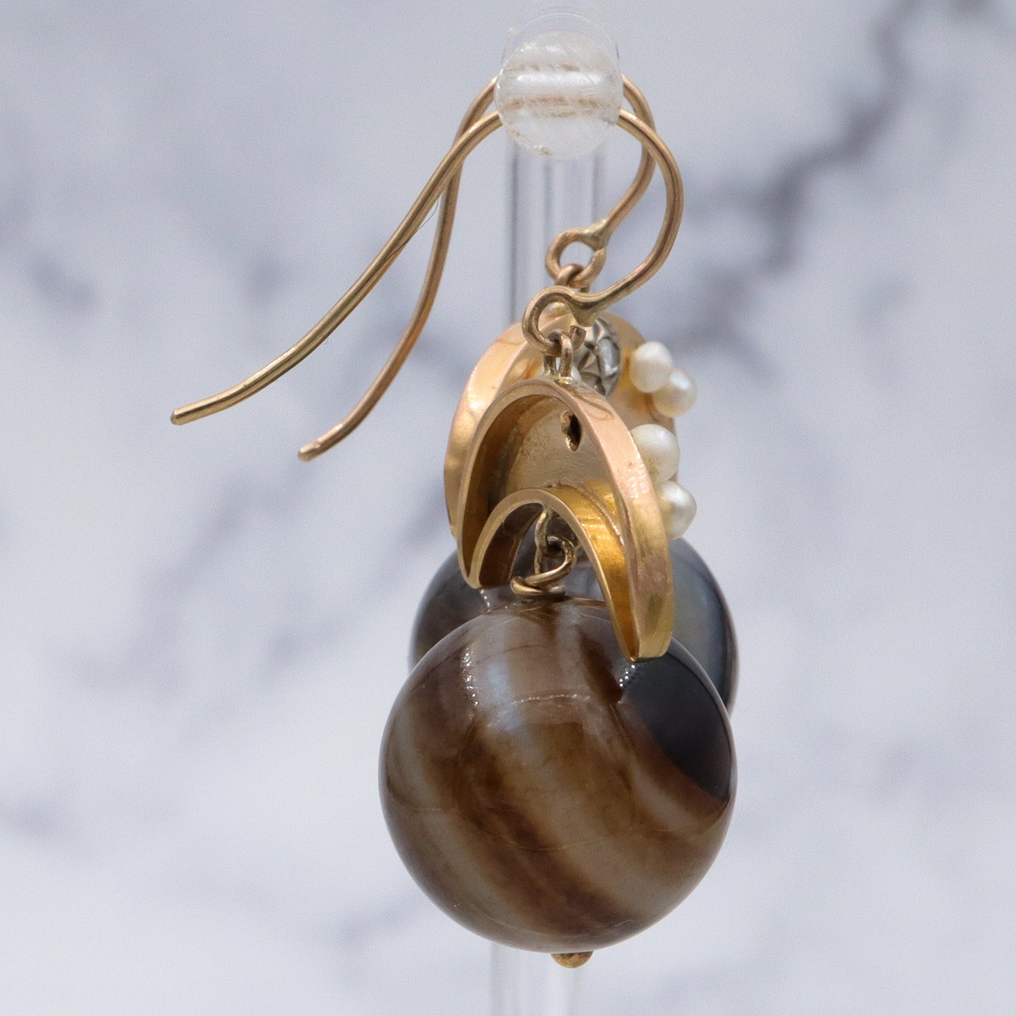 Antique Victorian 14k gold Scottish banded agate orb & rose cut diamond earrings