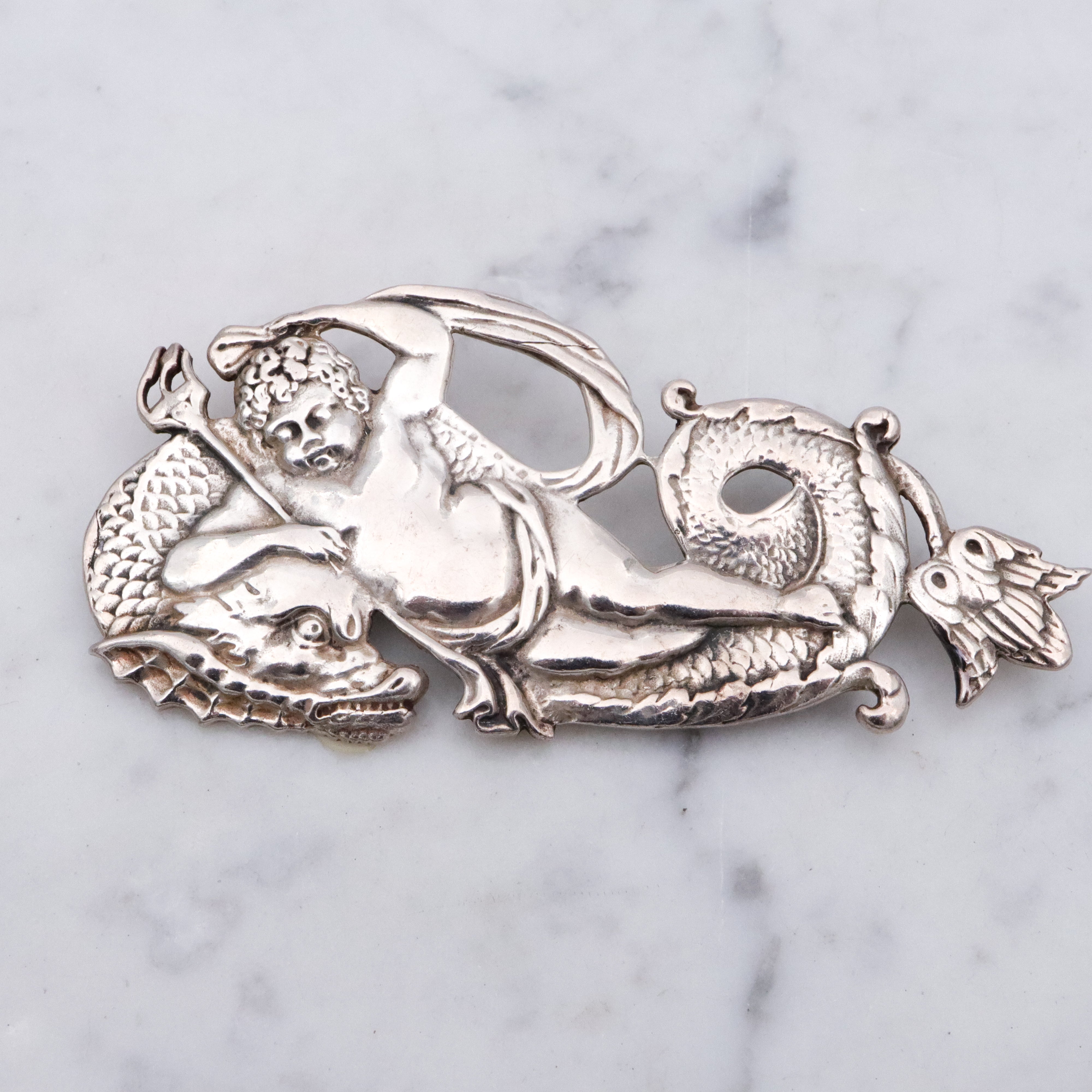 Retro Neptune & sea dragon large sterling brooch