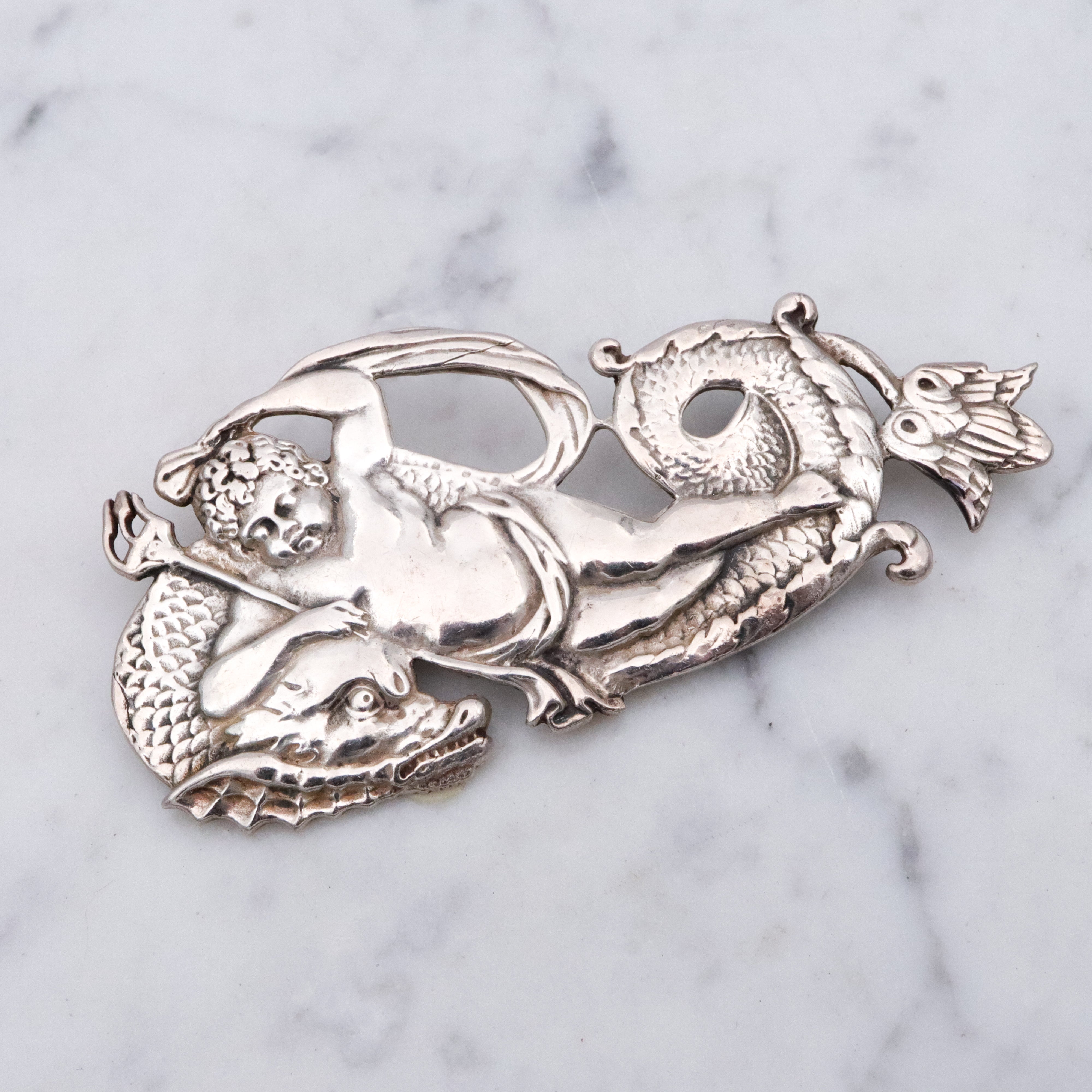 Retro Neptune & sea dragon large sterling brooch