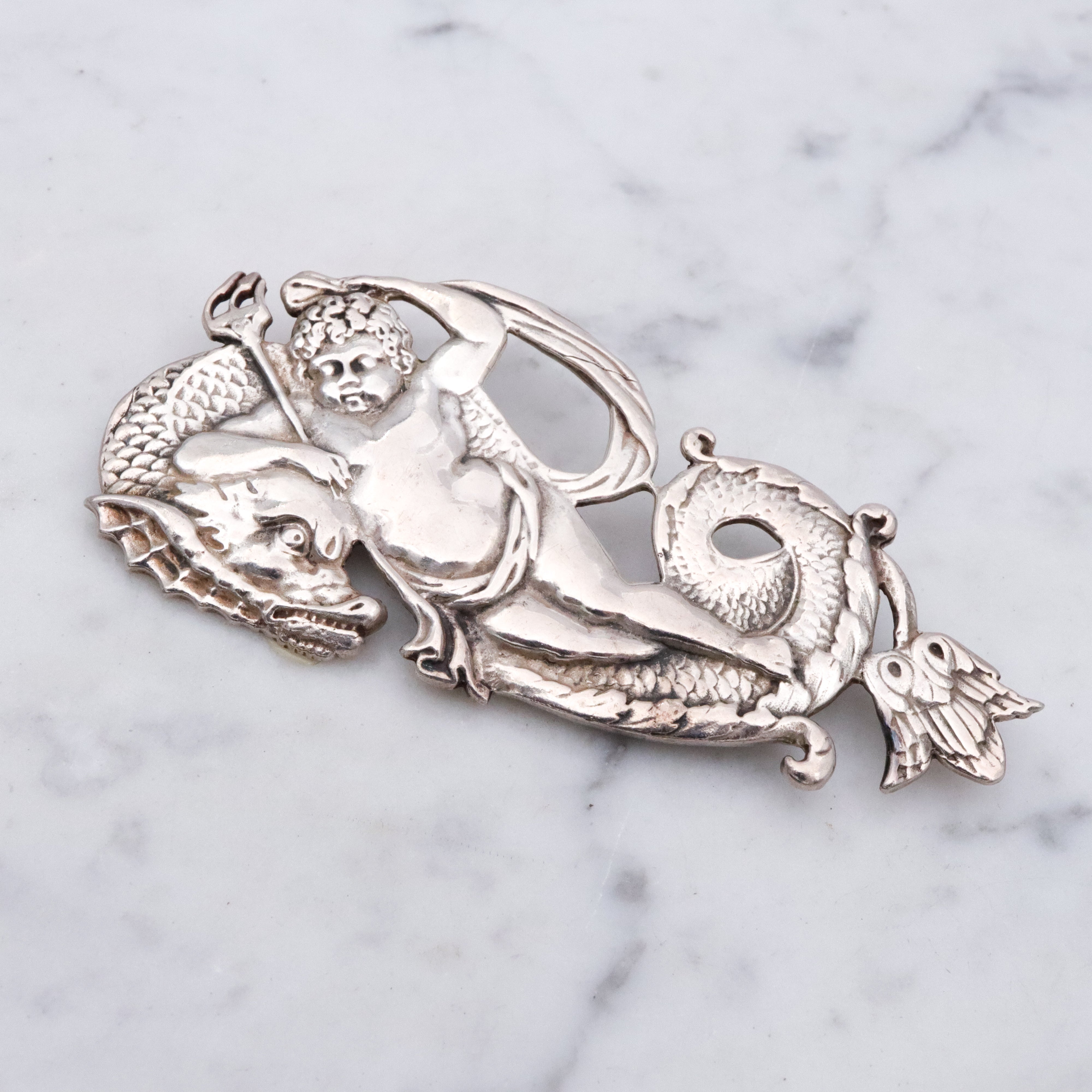 Retro Neptune & sea dragon large sterling brooch