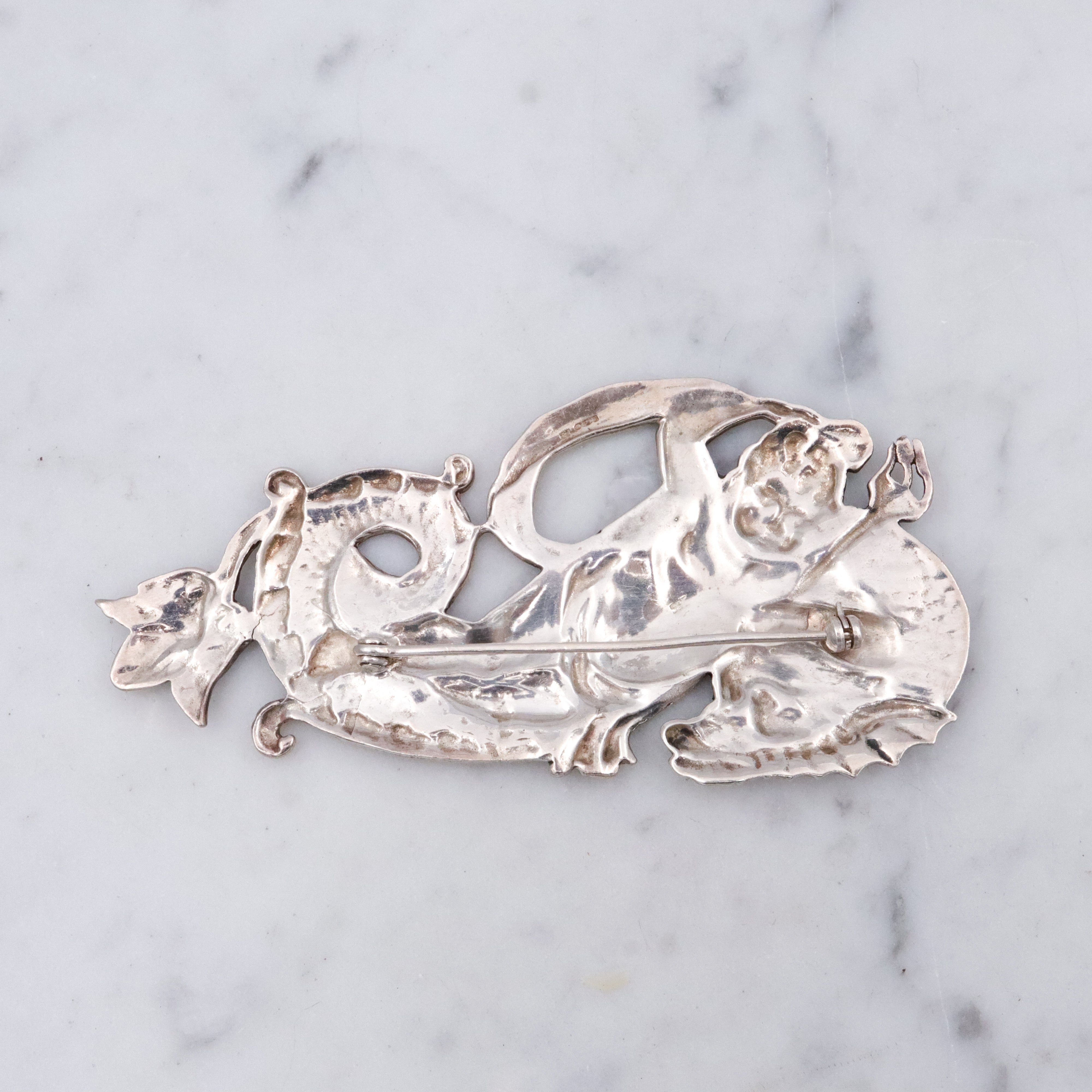 Retro Neptune & sea dragon large sterling brooch