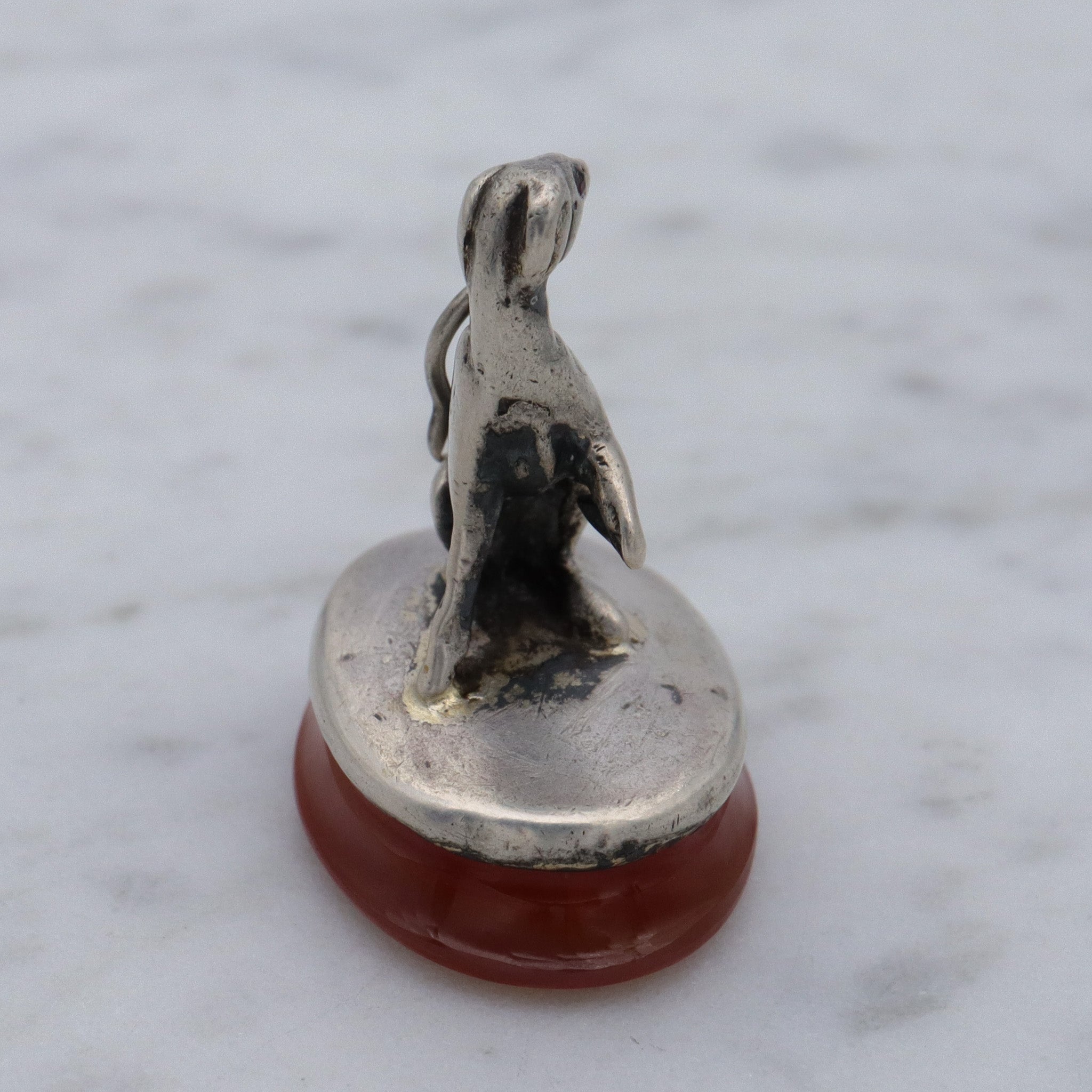 Early Victorian sterling silver greyhound dog on carnelian fob pendant
