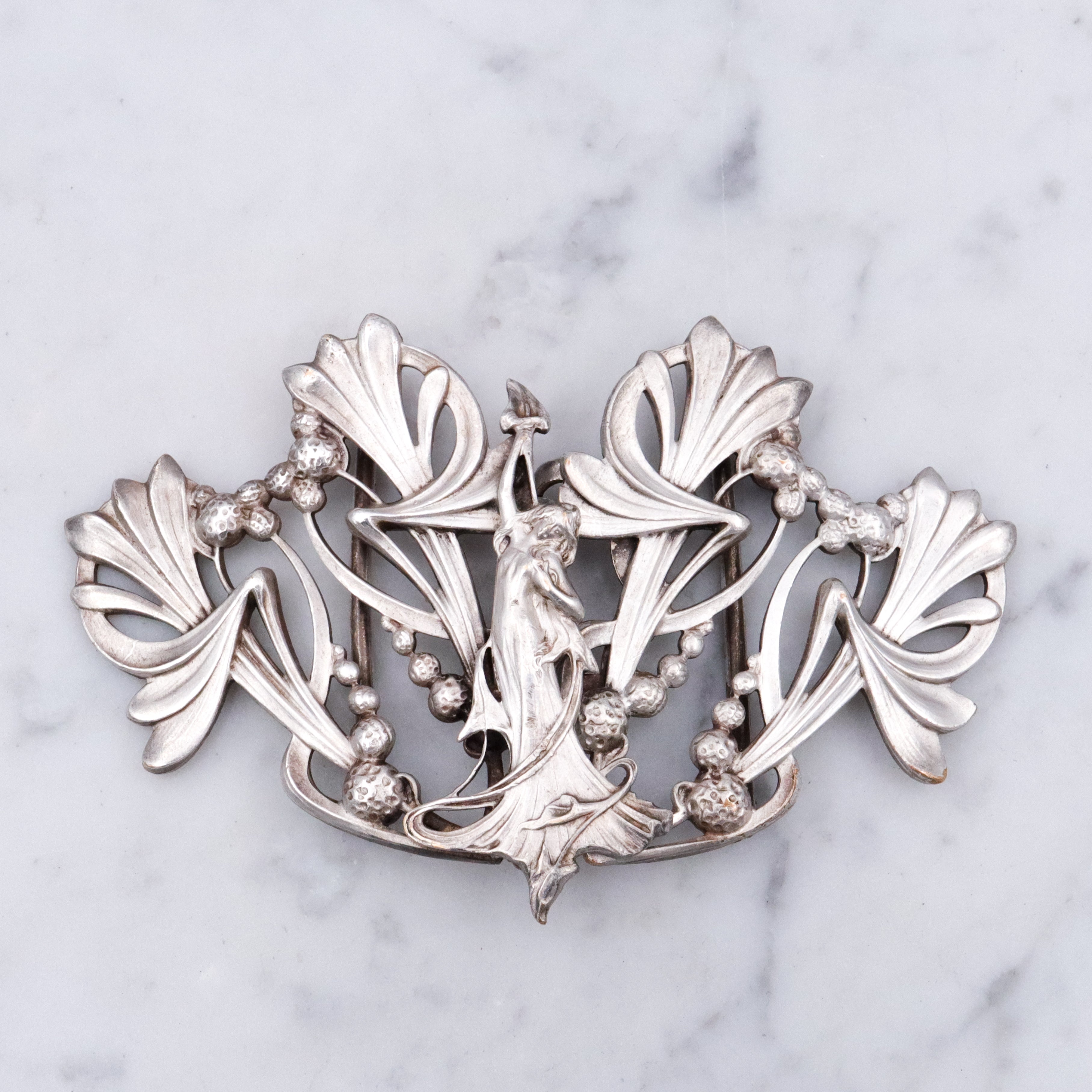 Antique Art Nouveau two-part silver plated buckle with botanical goddess