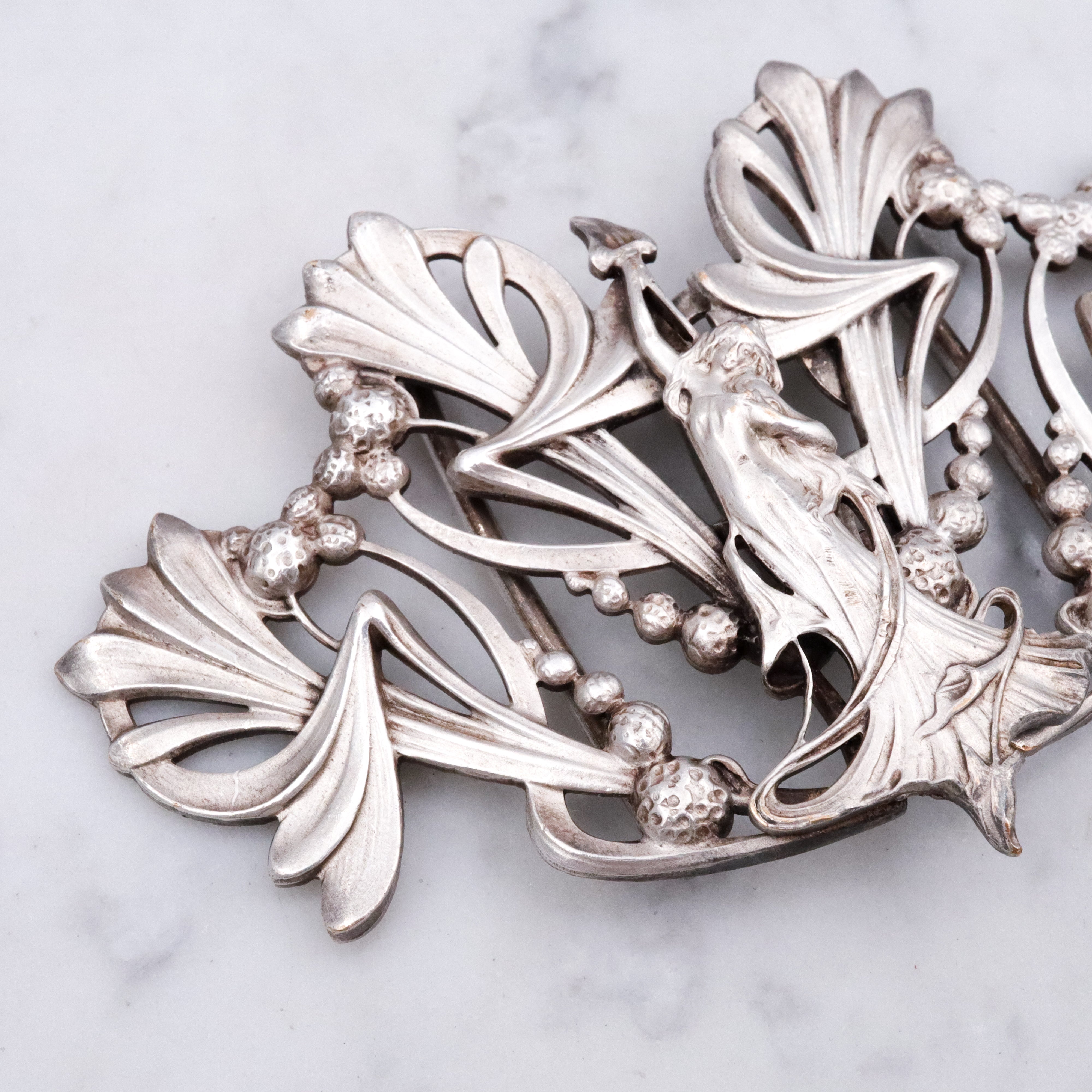 Antique Art Nouveau two-part silver plated buckle with botanical goddess