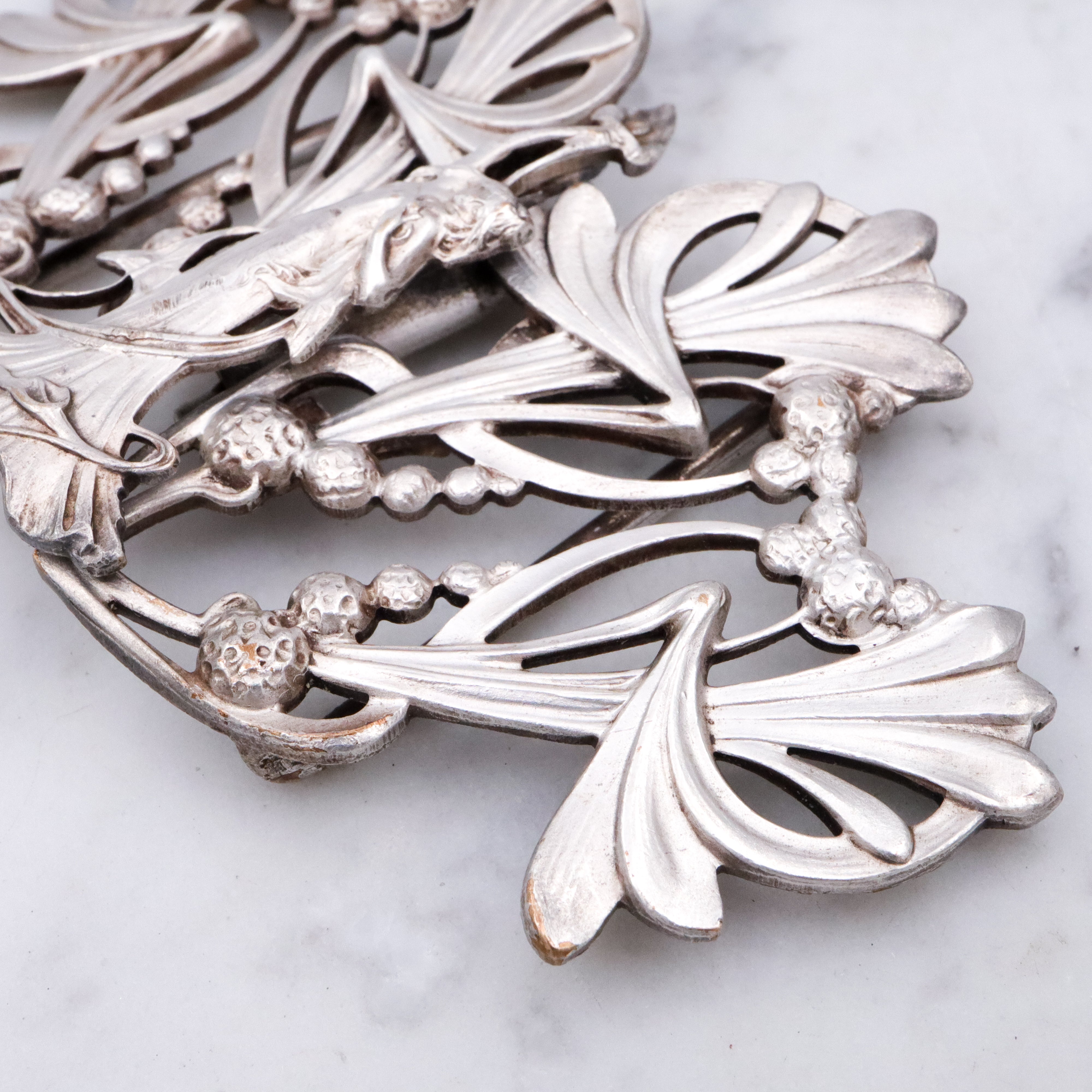 Antique Art Nouveau two-part silver plated buckle with botanical goddess
