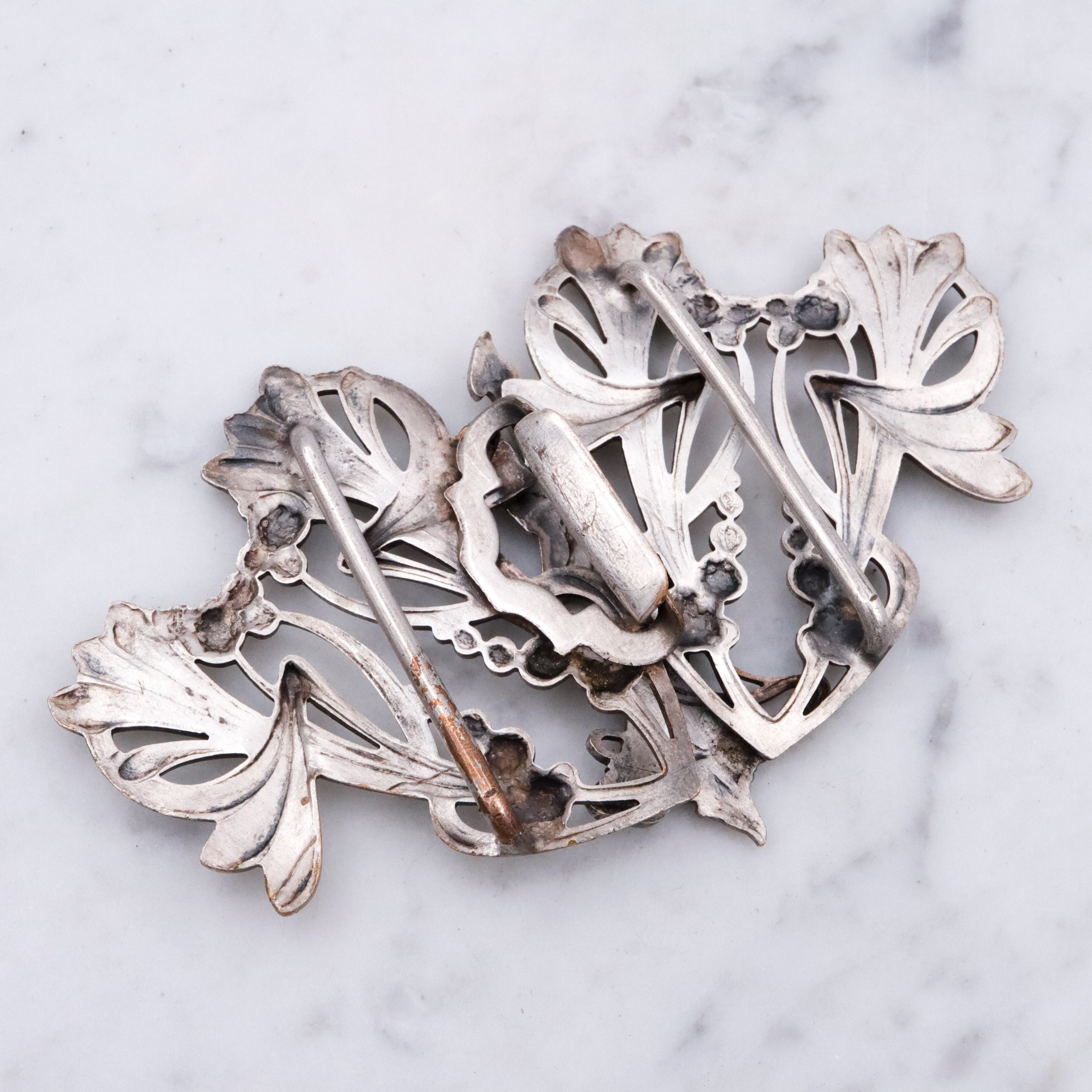 Antique Art Nouveau two-part silver plated buckle with botanical goddess
