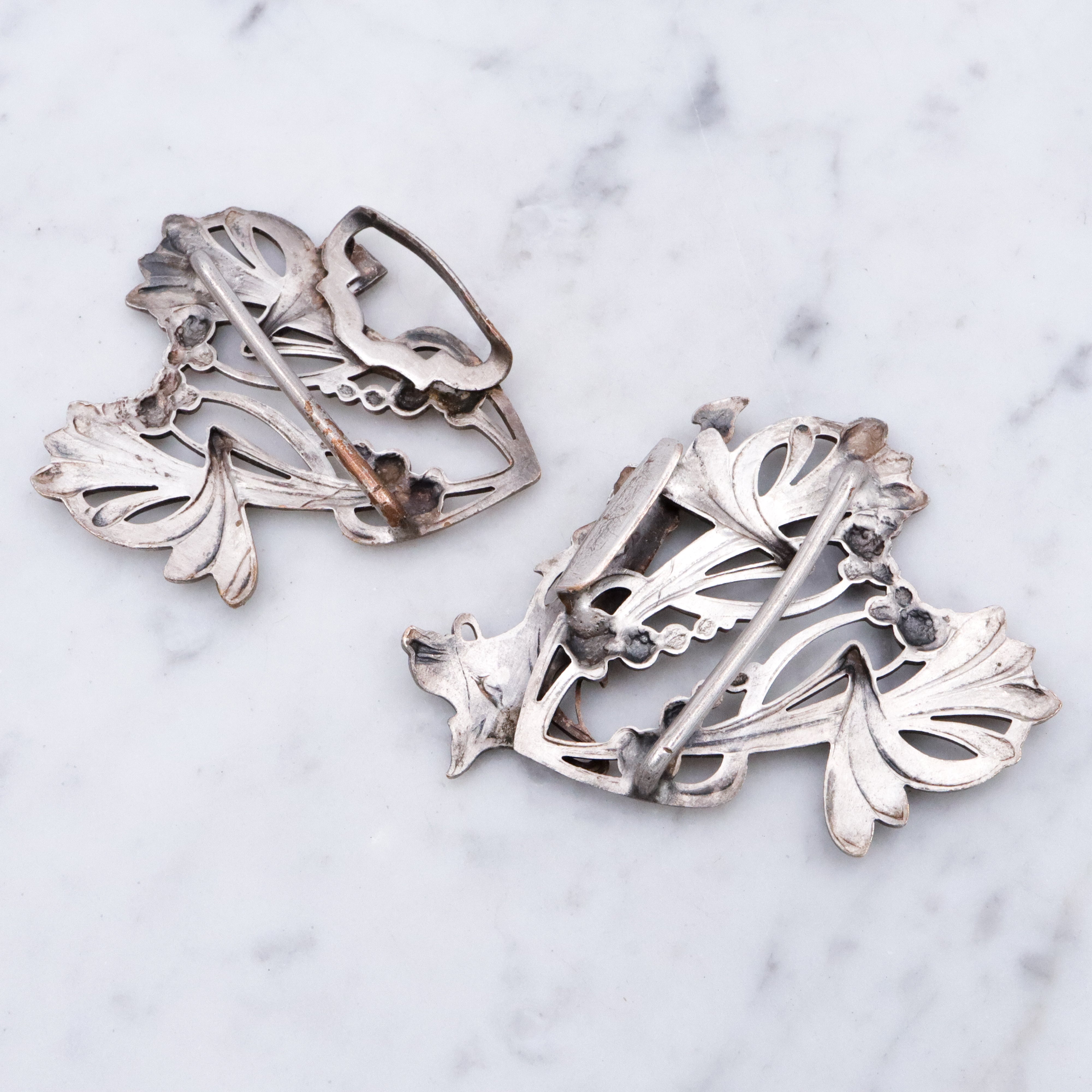 Antique Art Nouveau two-part silver plated buckle with botanical goddess