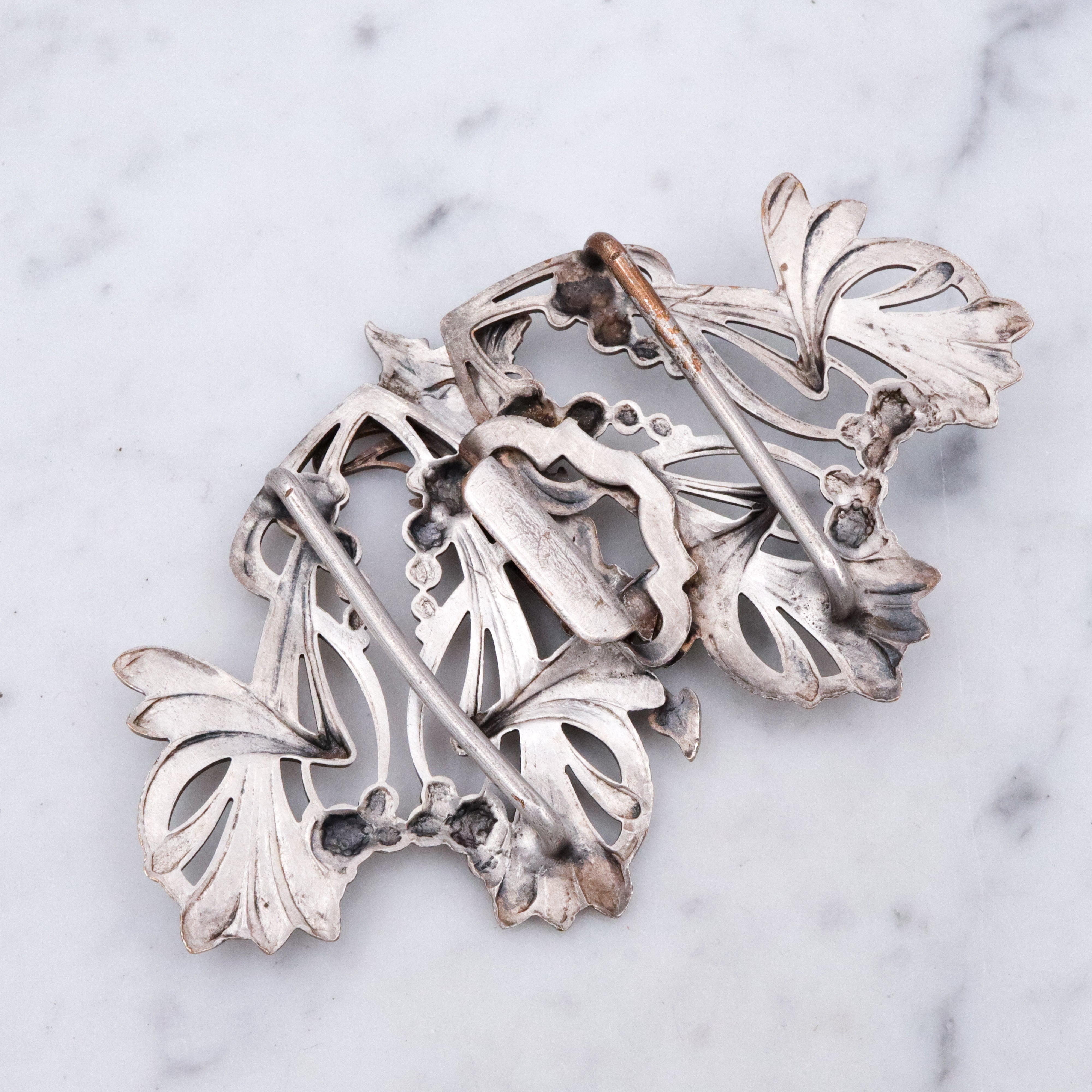 Antique Art Nouveau two-part silver plated buckle with botanical goddess