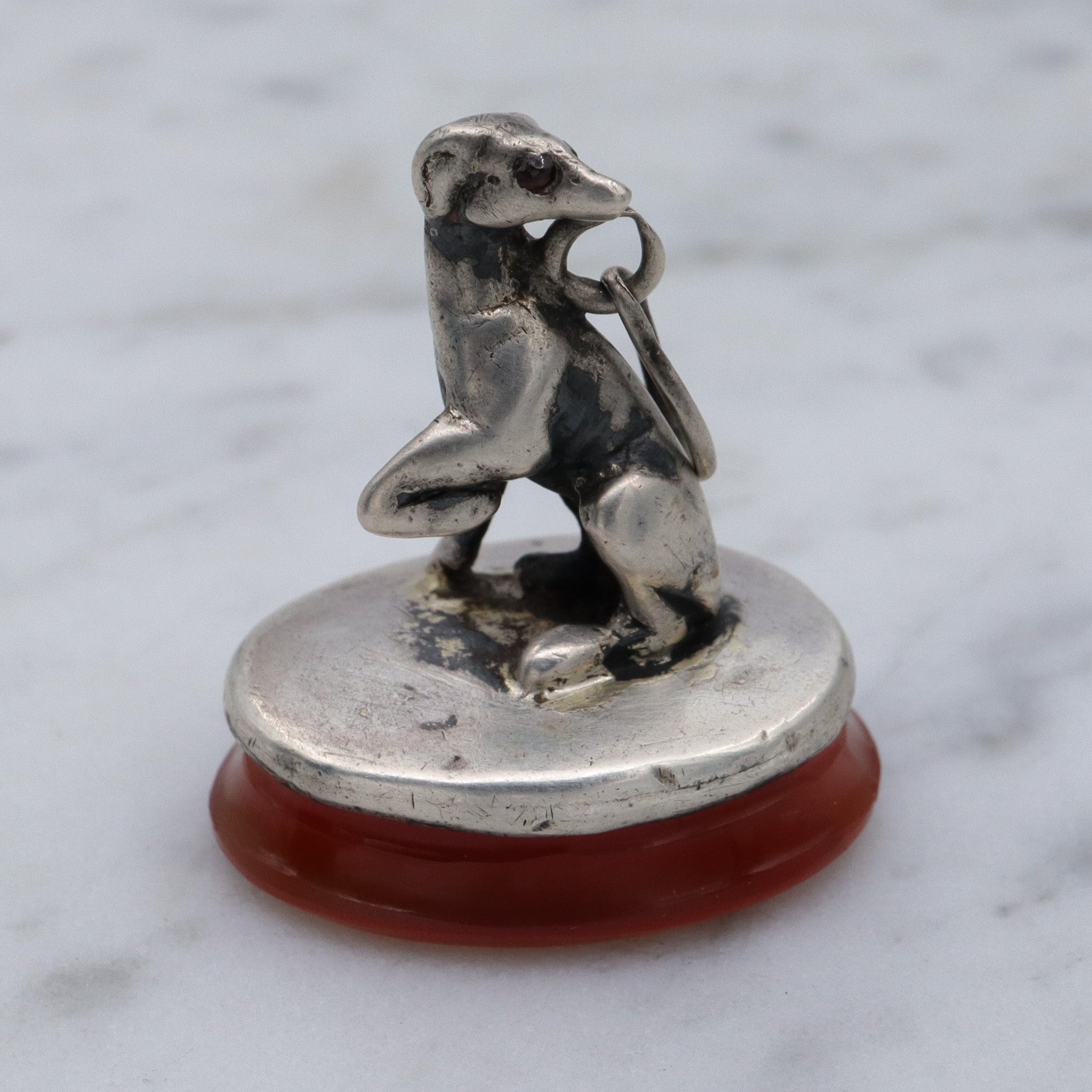 Early Victorian sterling silver greyhound dog on carnelian fob pendant