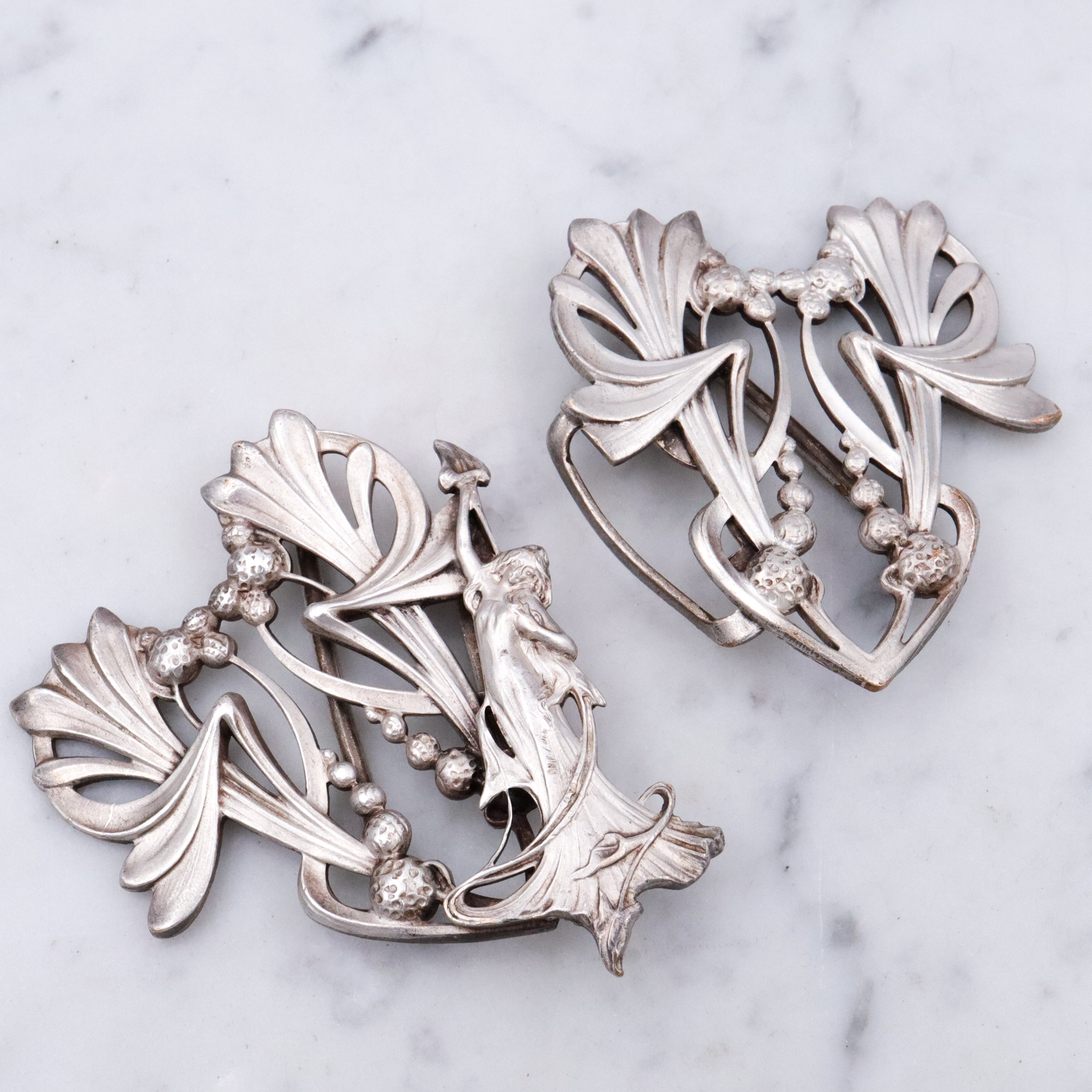 Antique Art Nouveau two-part silver plated buckle with botanical goddess