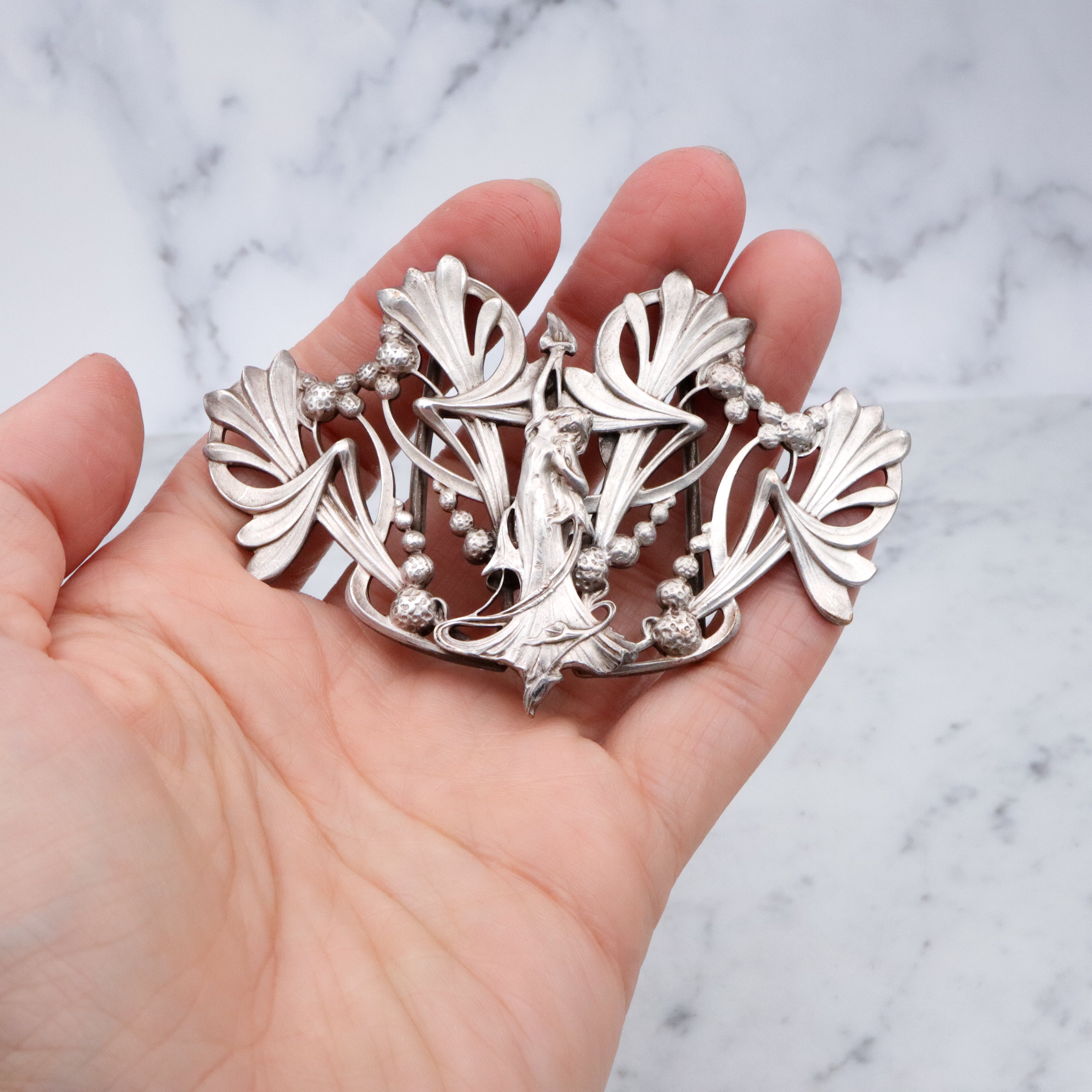 Antique Art Nouveau two-part silver plated buckle with botanical goddess