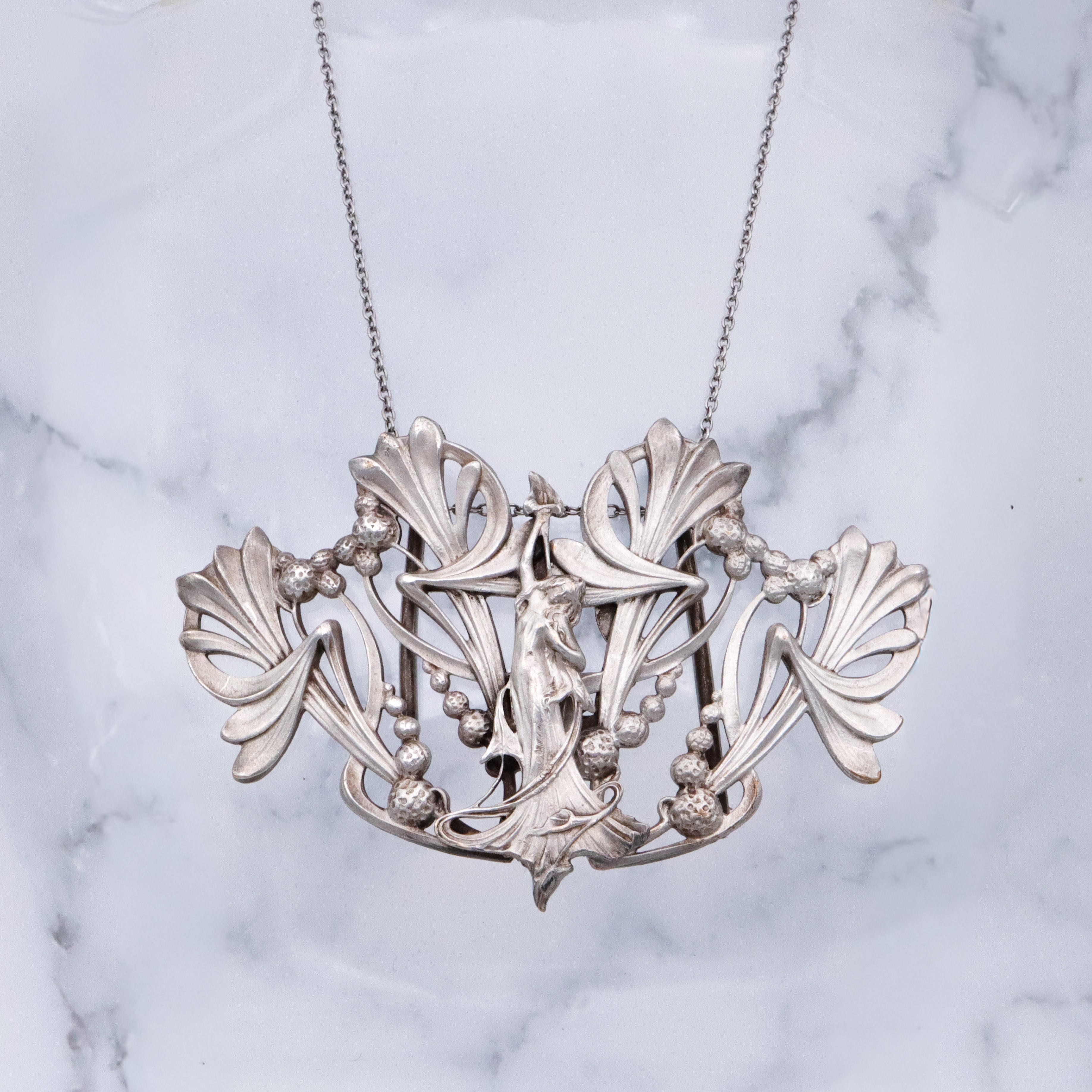 Antique Art Nouveau two-part silver plated buckle with botanical goddess