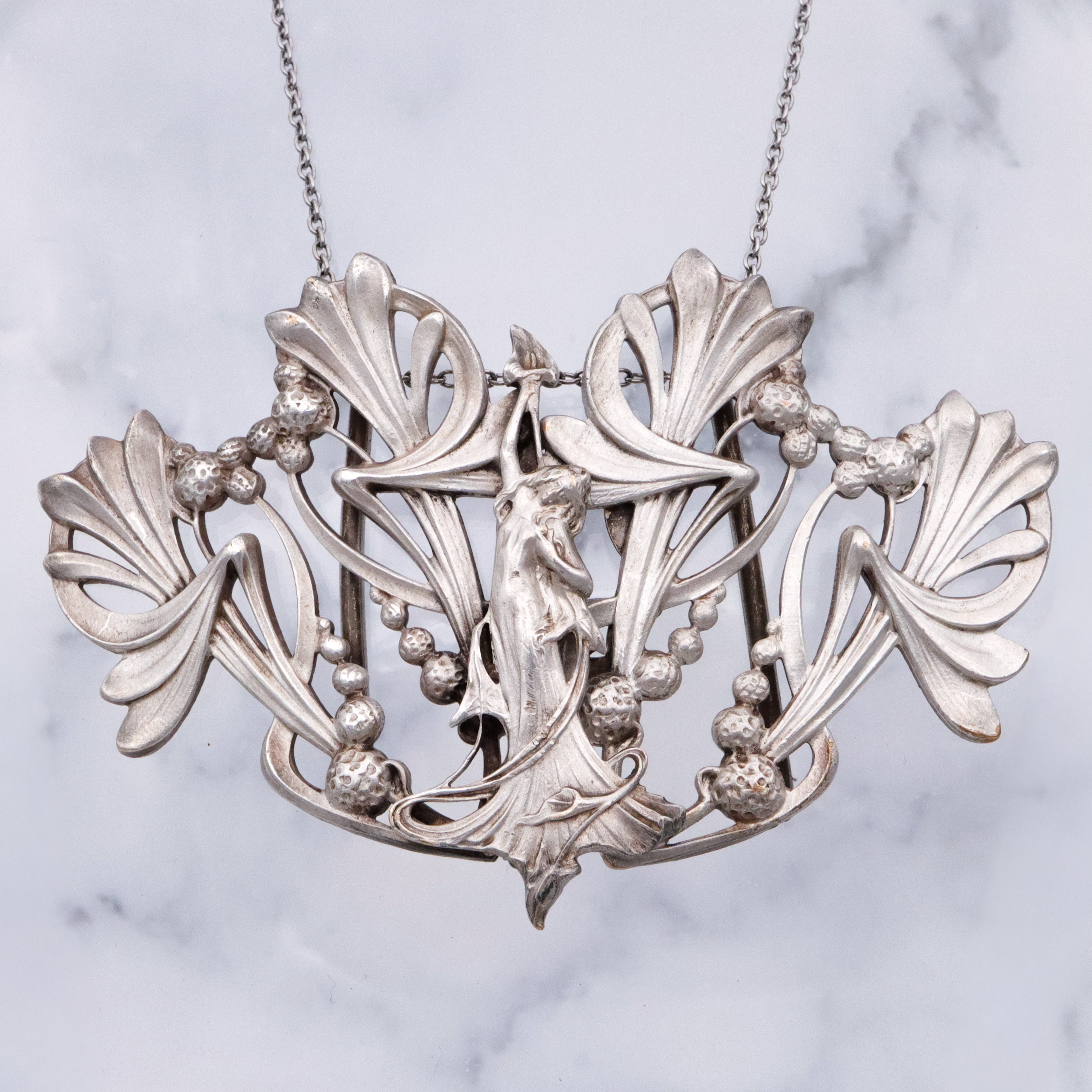 Antique Art Nouveau two-part silver plated buckle with botanical goddess