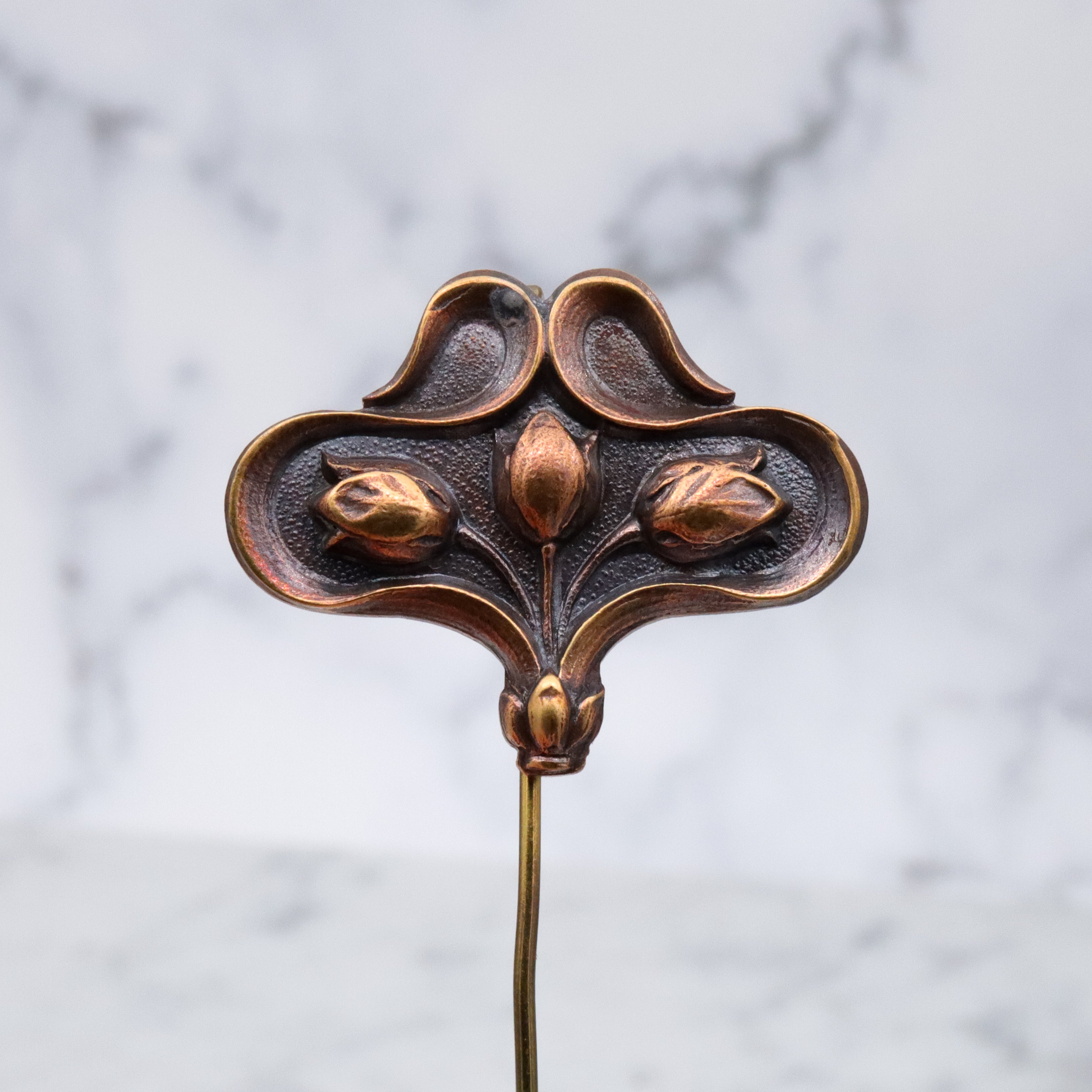 Art Nouveau copper floral stick pin brooch