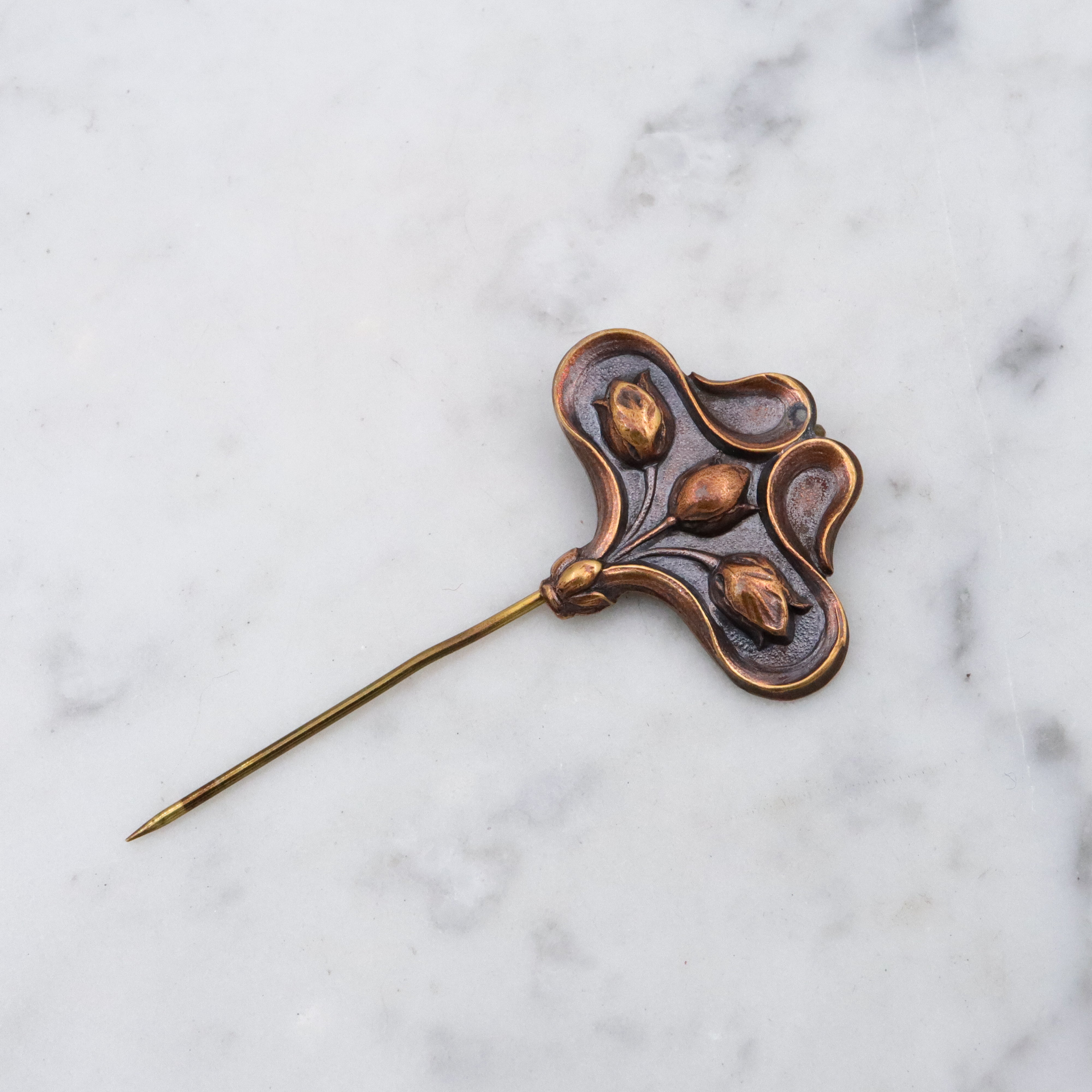 Art Nouveau copper floral stick pin brooch