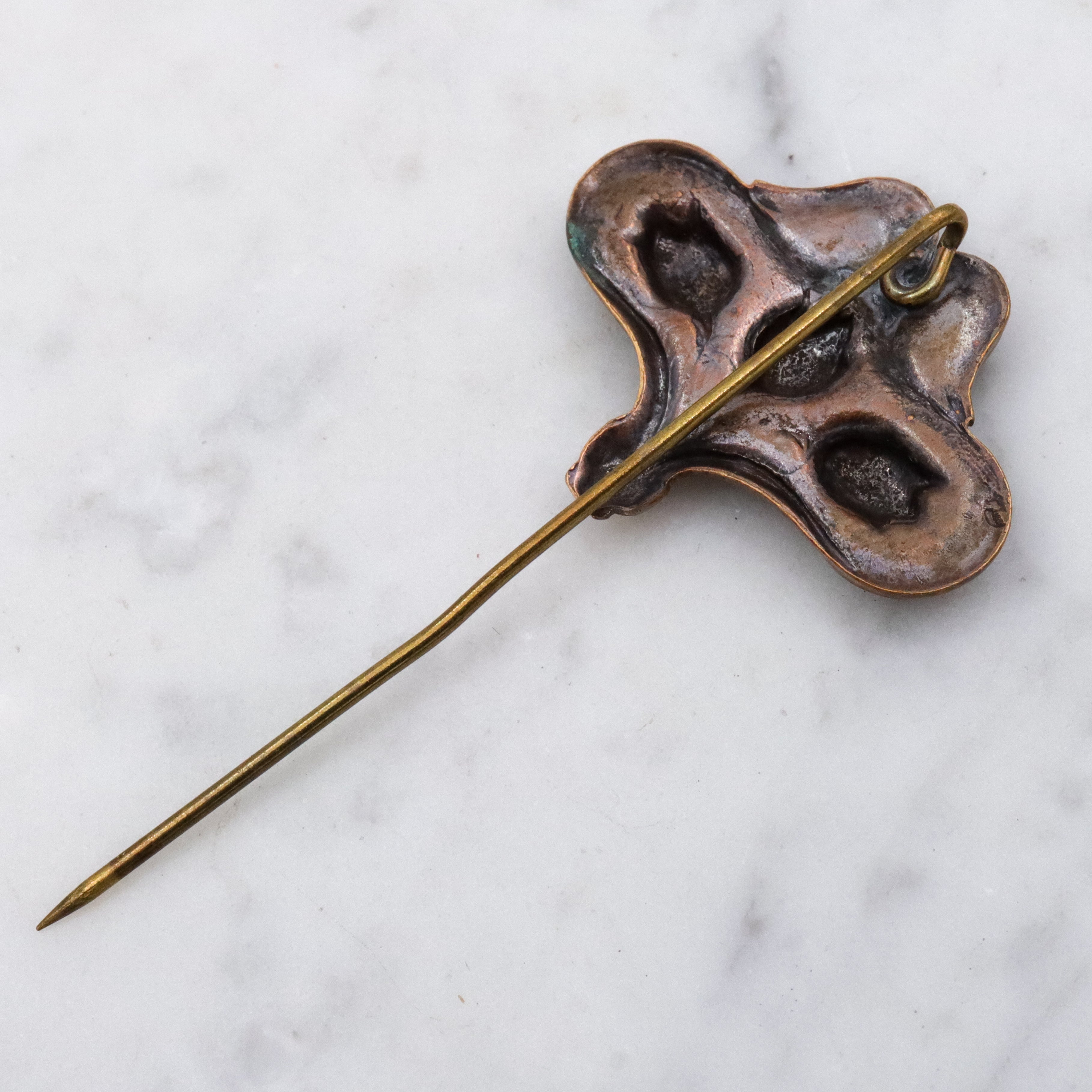Art Nouveau copper floral stick pin brooch