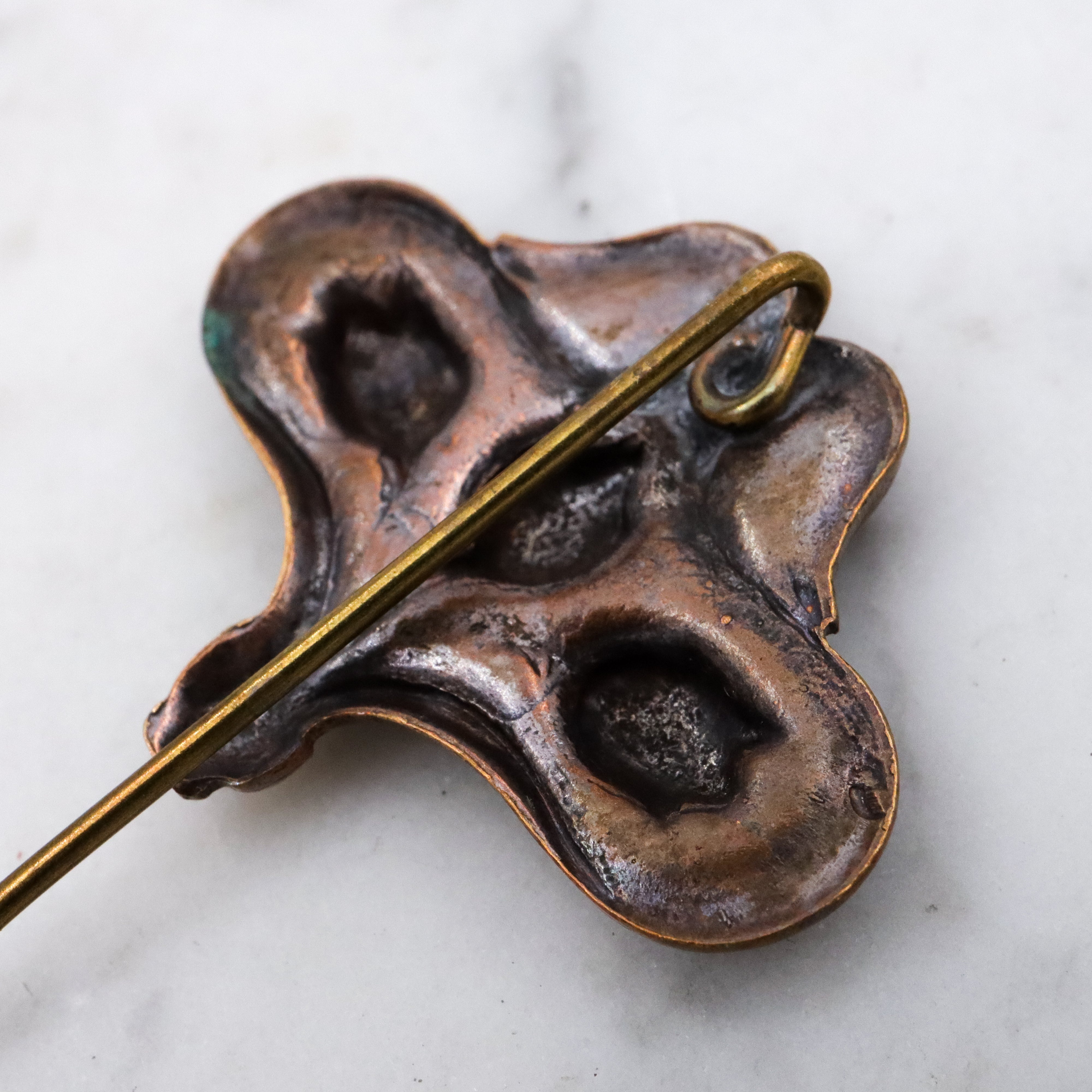 Art Nouveau copper floral stick pin brooch