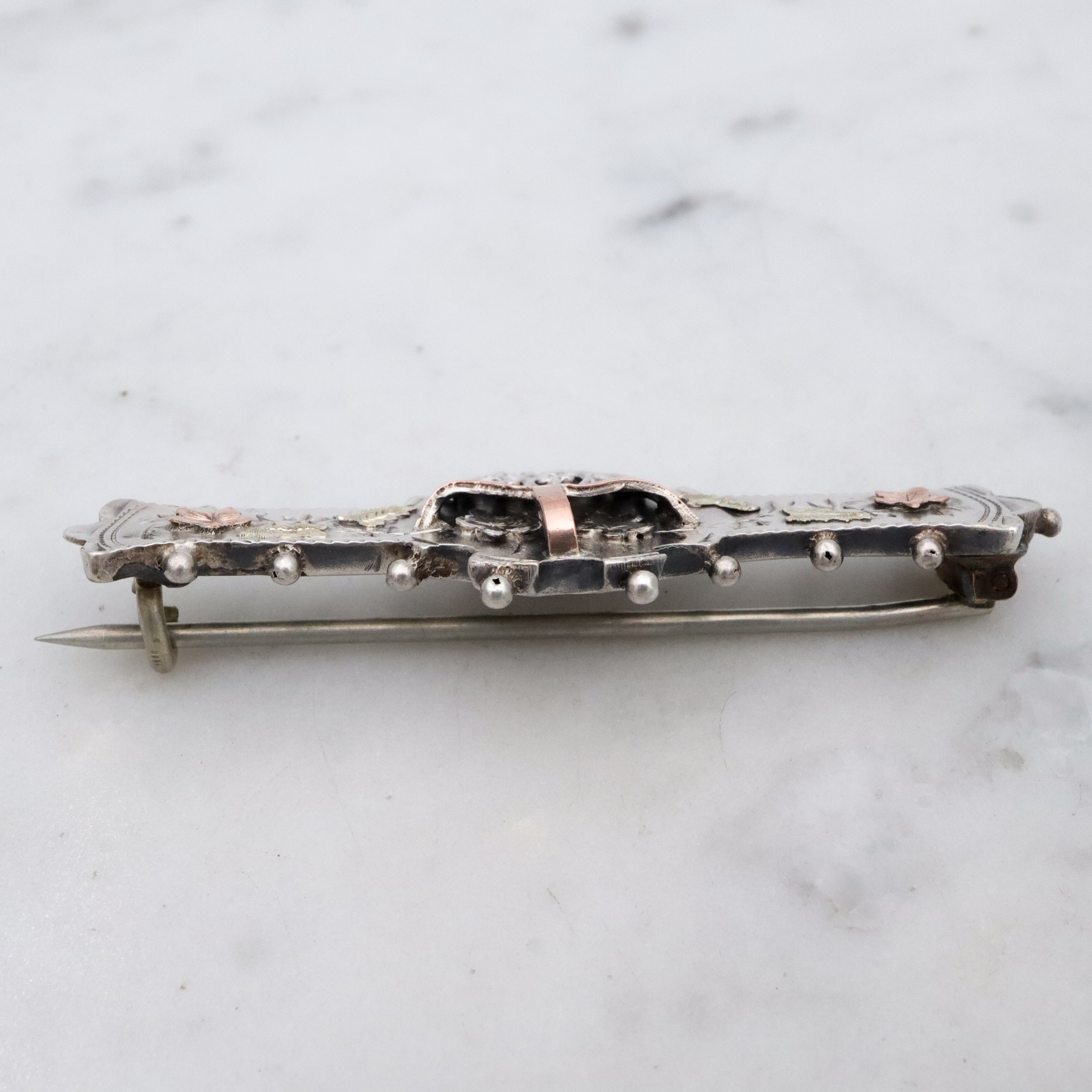 Victorian tri-color sterling Aesthetic Movement bar brooch with dimensional flower basket