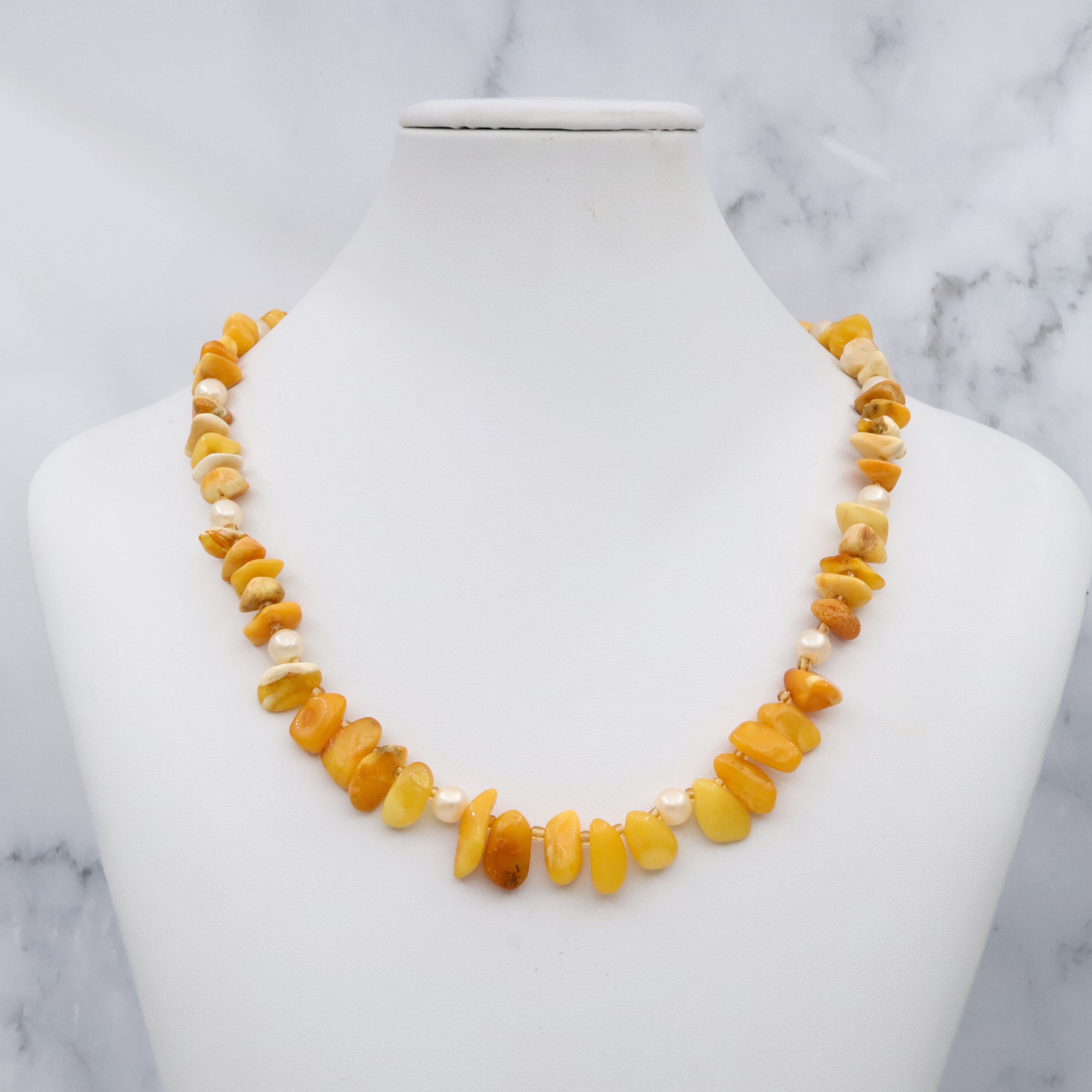Vintage Baltic amber nugget & faux pearl beaded necklace