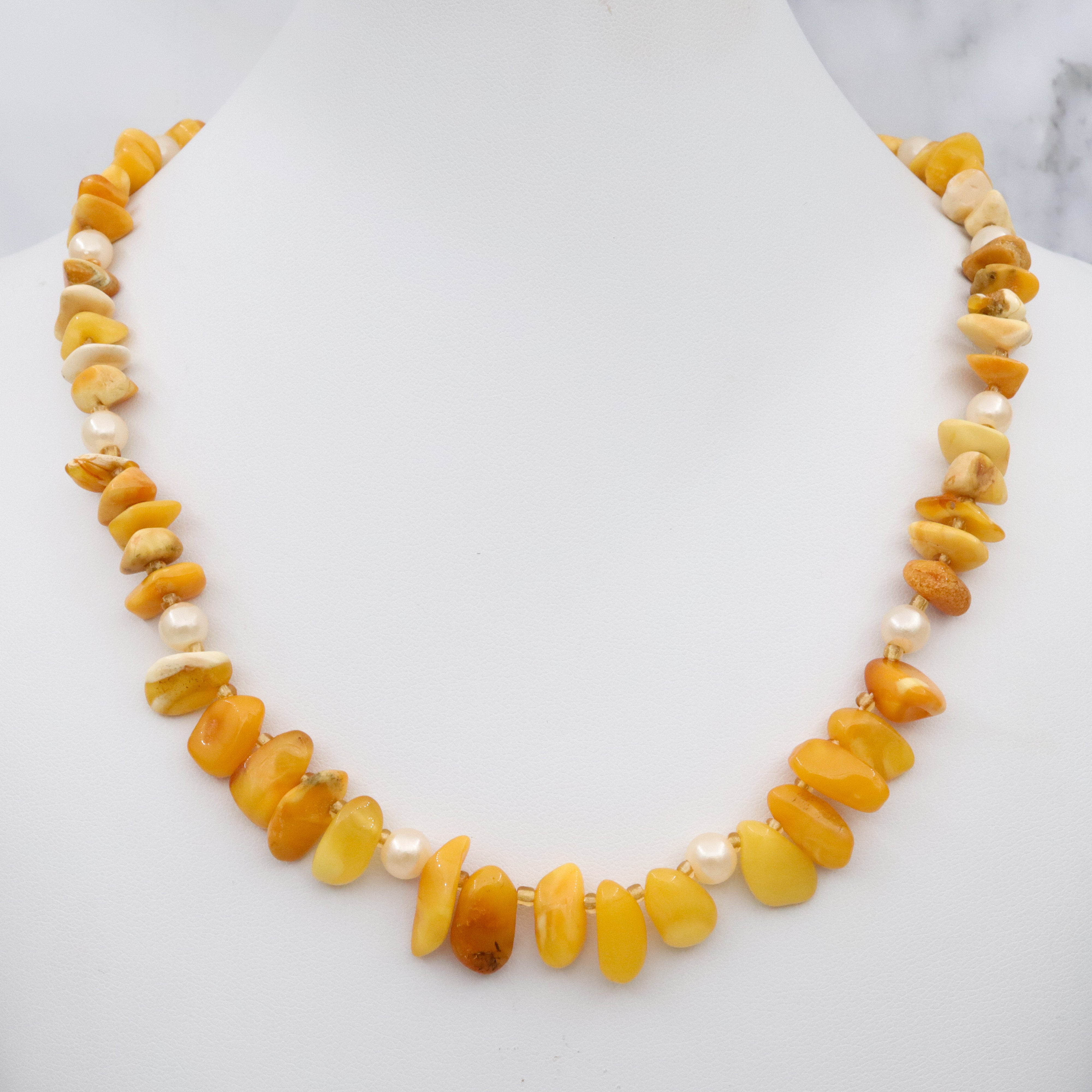 Vintage Baltic amber nugget & faux pearl beaded necklace