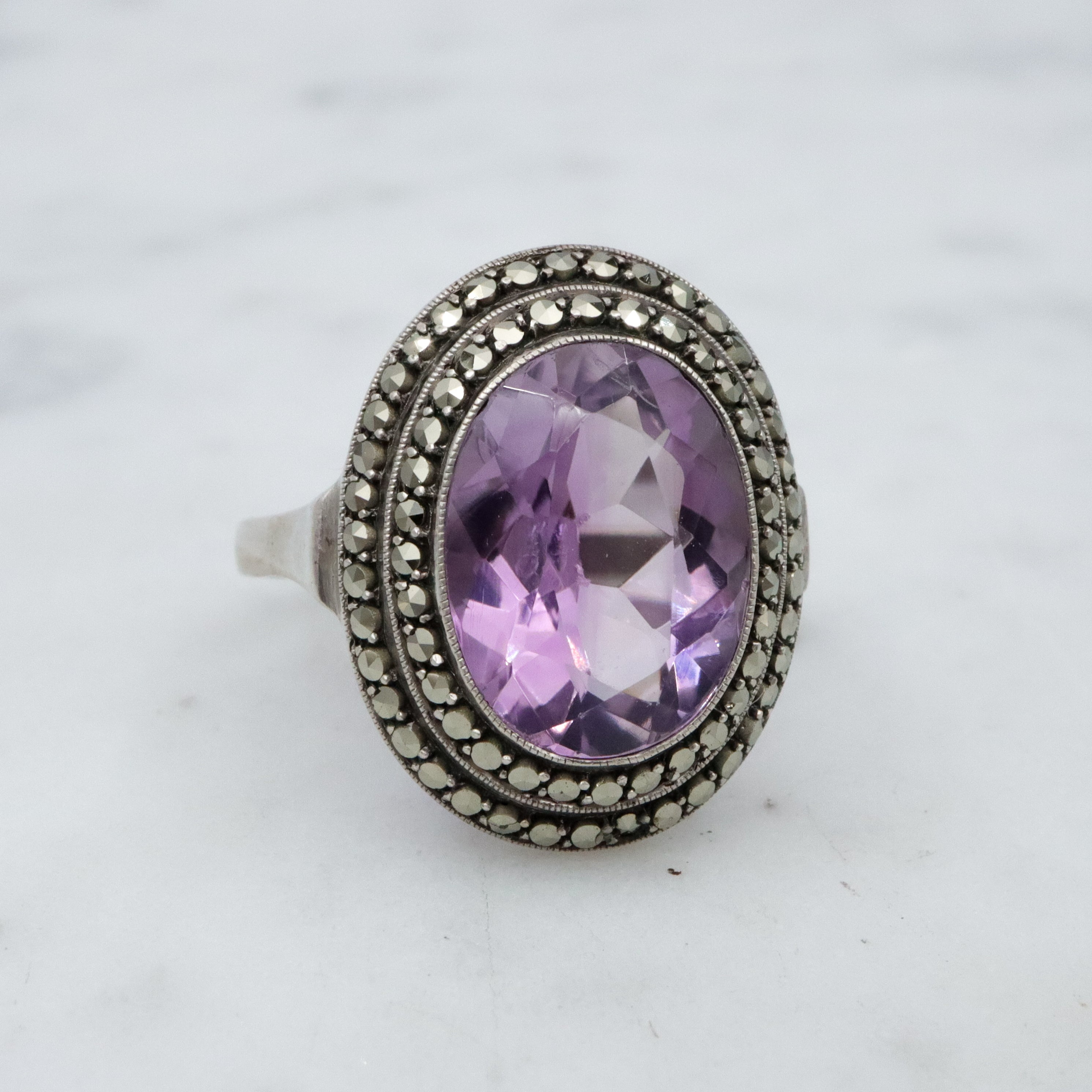 Art Deco German silver amethyst & marcasite halo ring, size 5.5