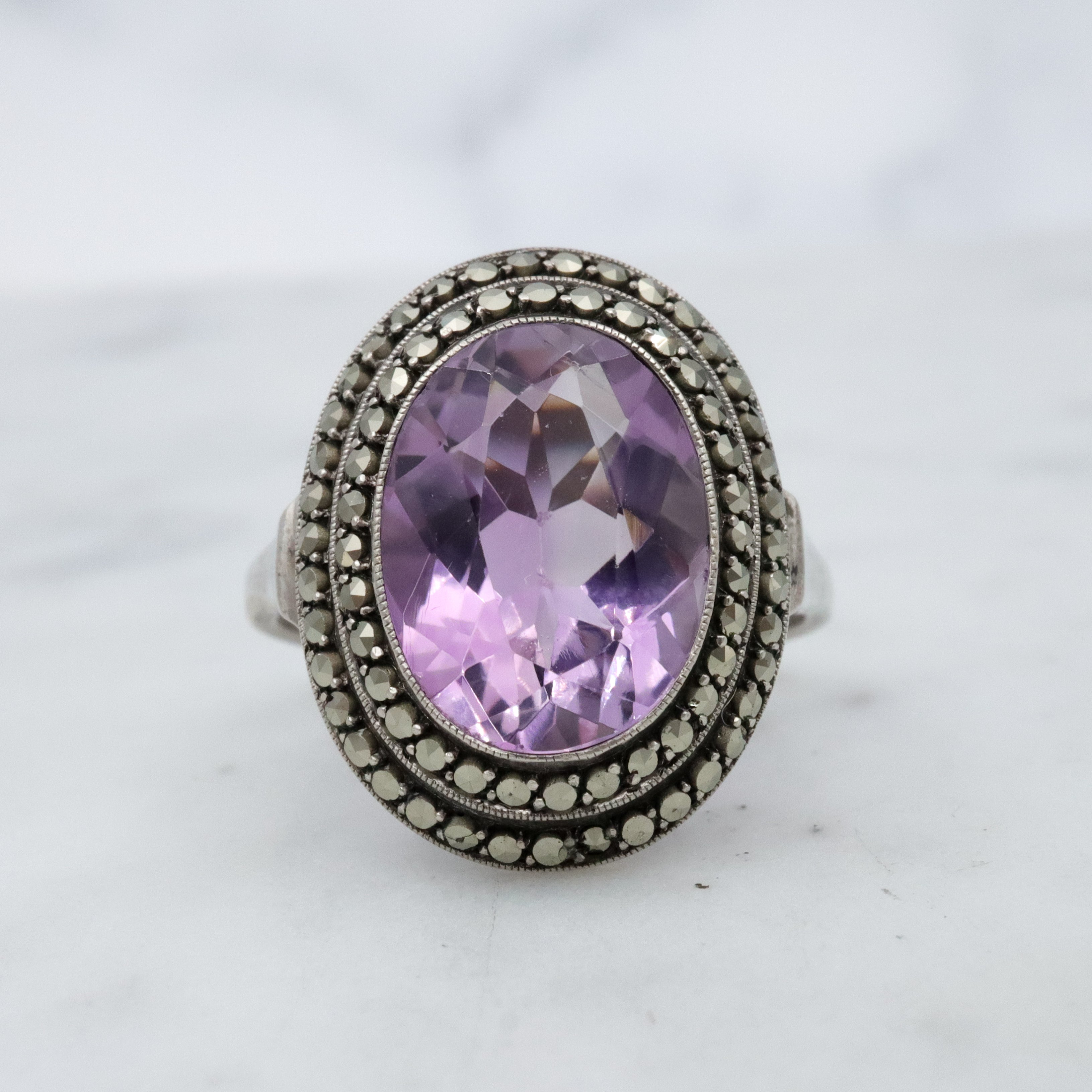Art Deco German silver amethyst & marcasite halo ring, size 5.5