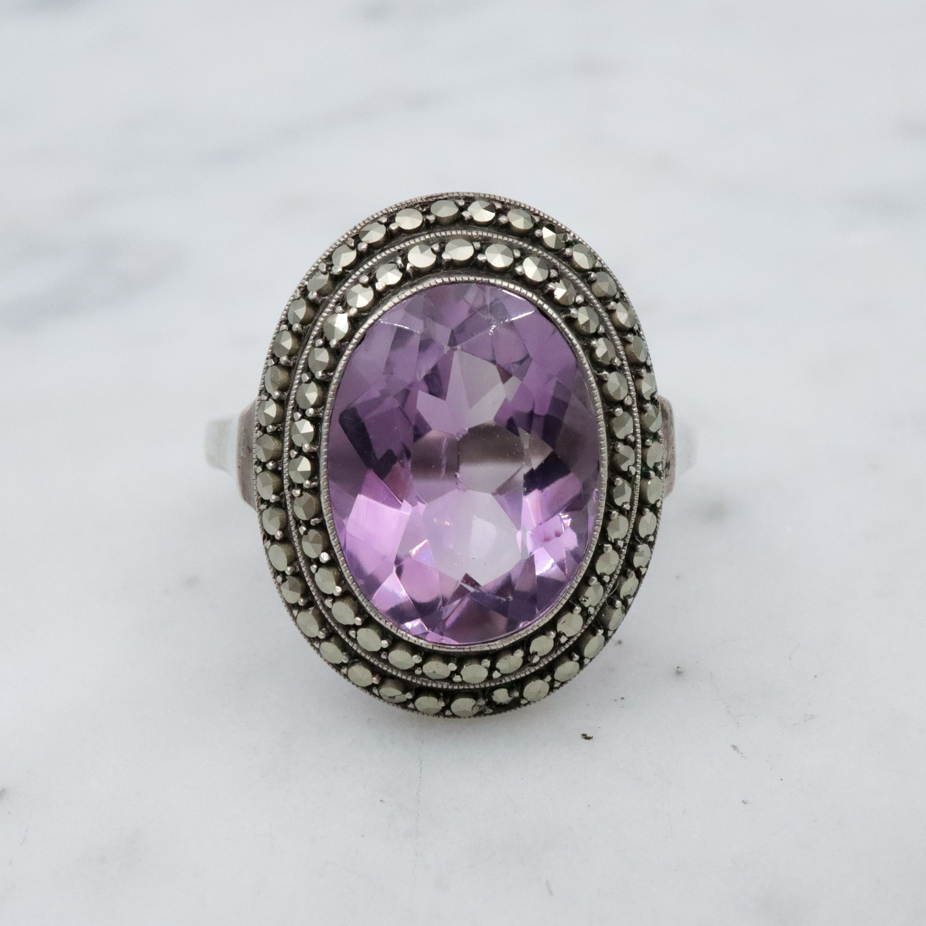 Art Deco German silver amethyst & marcasite halo ring, size 5.5