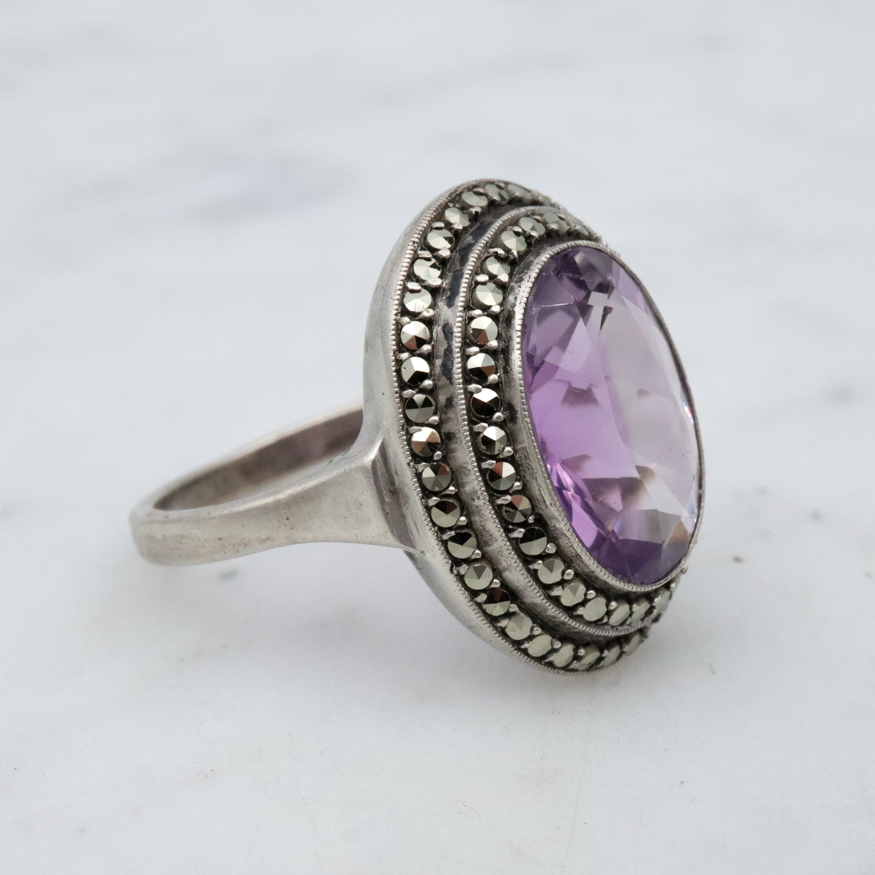 Art Deco German silver amethyst & marcasite halo ring, size 5.5